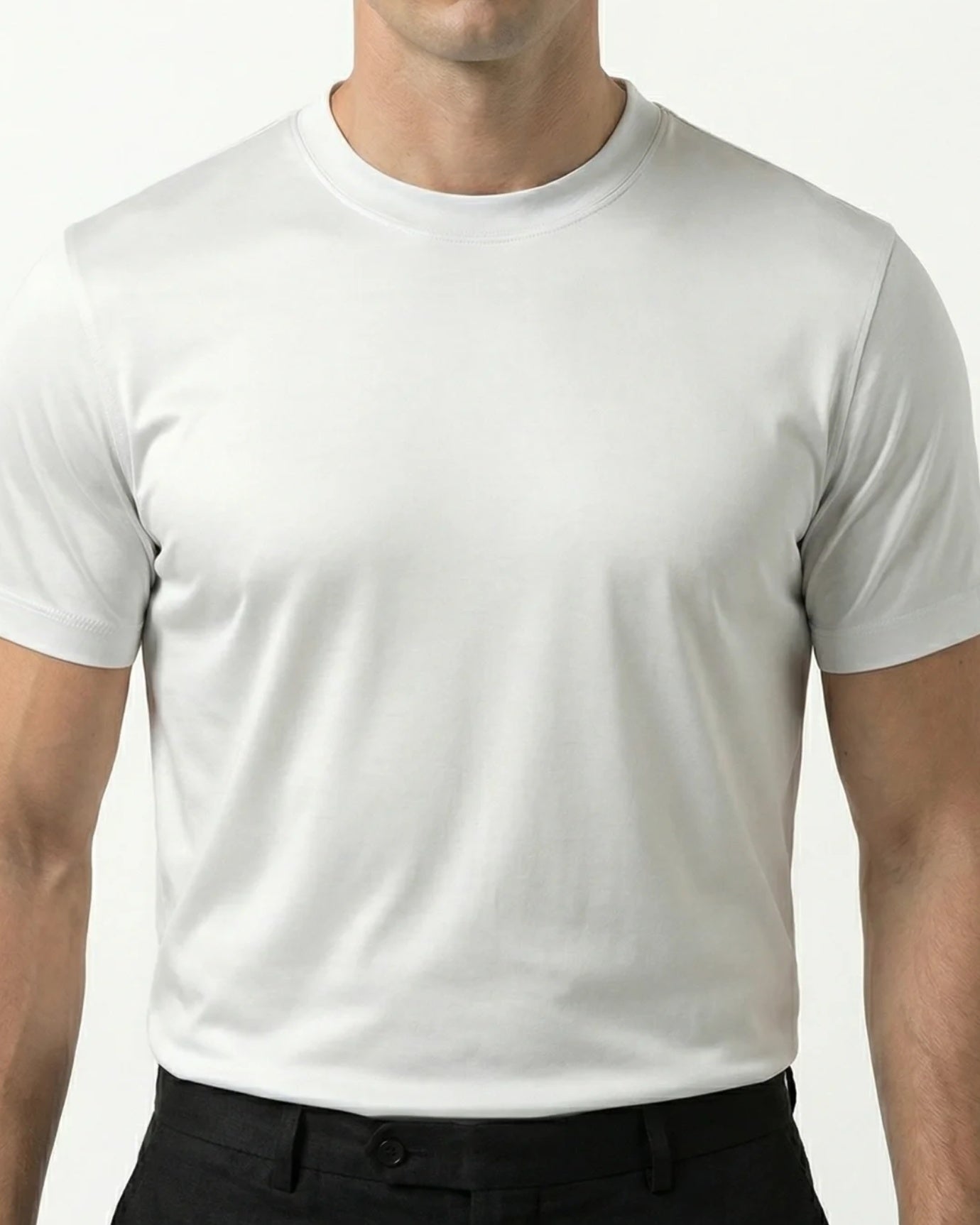 High-Count White Mercerized Cotton Round Neck Breathable T-Shirt