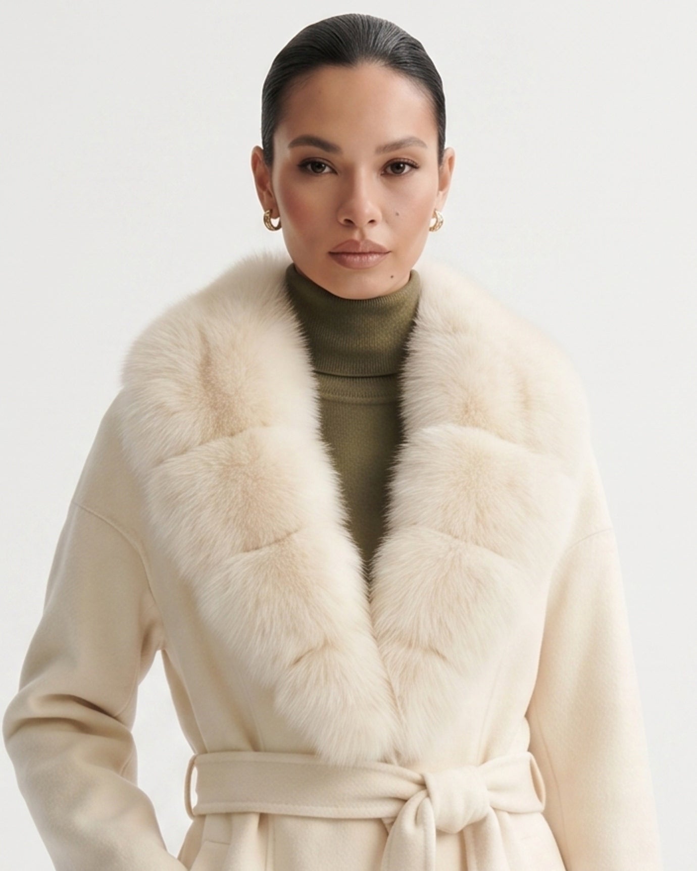 Nevada Wool Coat Real Fox Fur Collar Long Belted