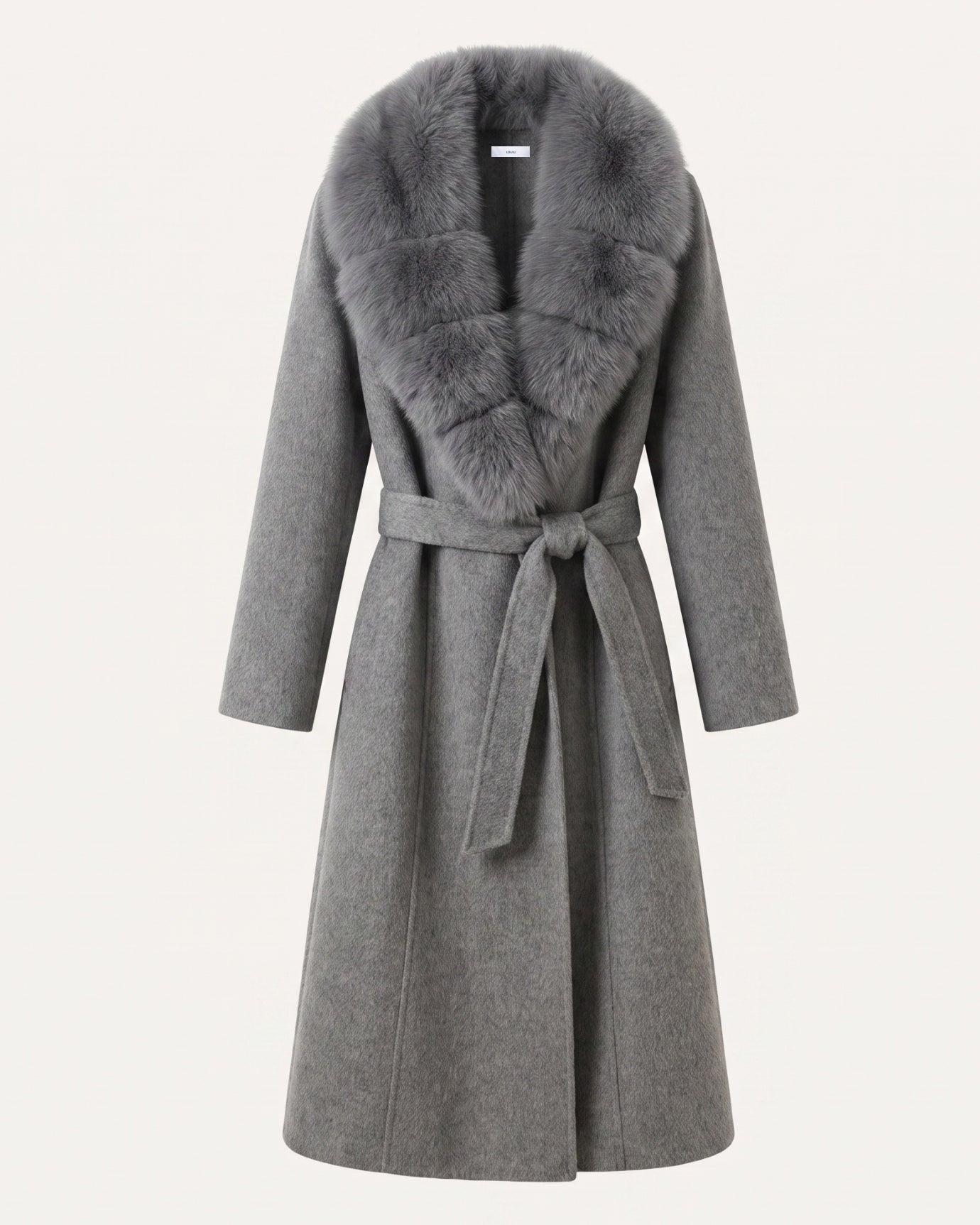 Nevada Wool Coat Real Fox Fur Collar Long Belted