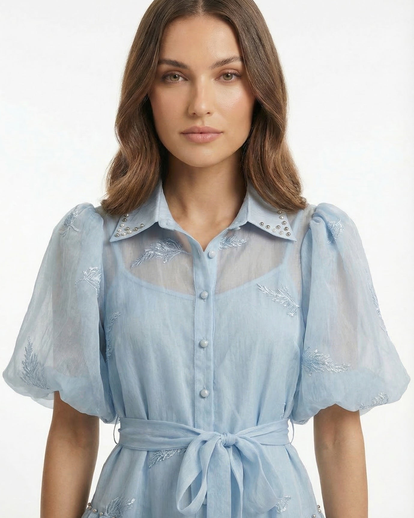 Long Embroidered Dress — Lapel Collar & Tie Waist Detail