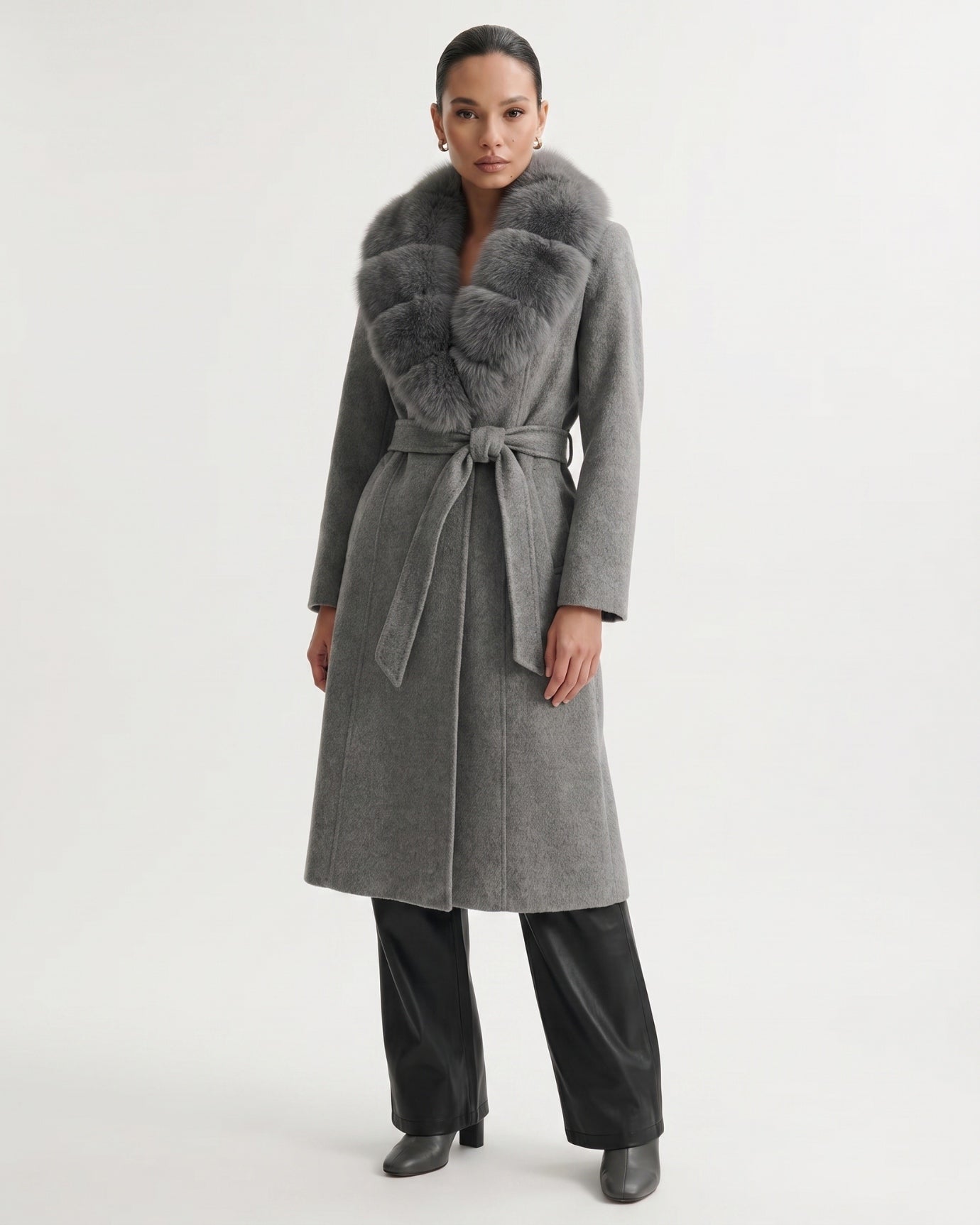 Nevada Wool Coat Real Fox Fur Collar Long Belted
