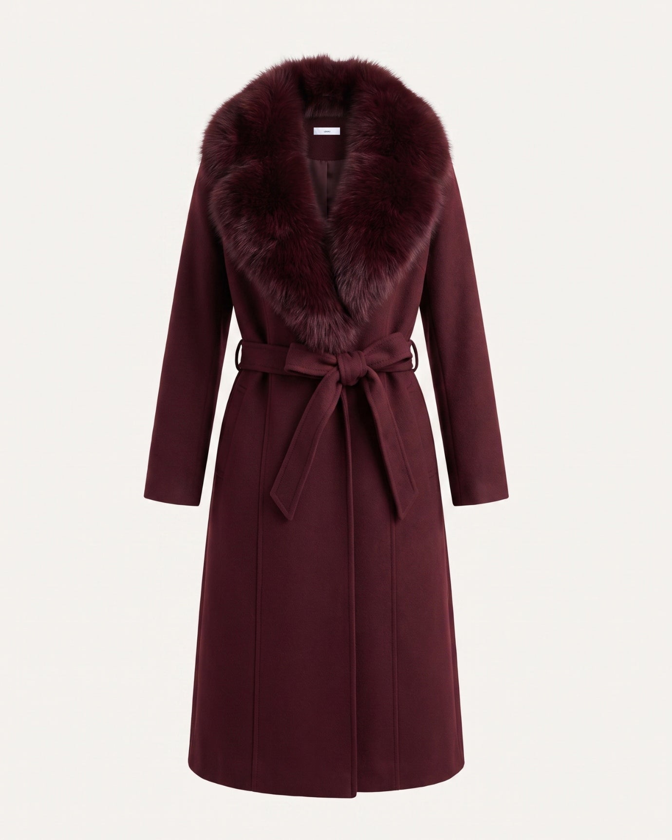Nevada Wool Coat Real Fox Fur Collar Long Belted