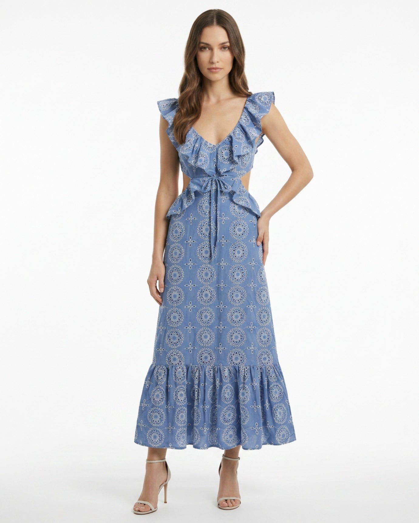 Mykonos Blue Flower Embroidery Dress