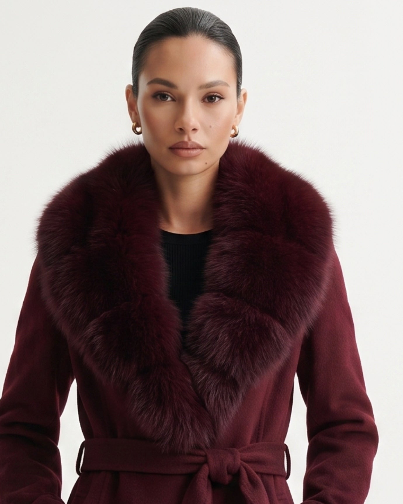 Nevada Wool Coat Real Fox Fur Collar Long Belted