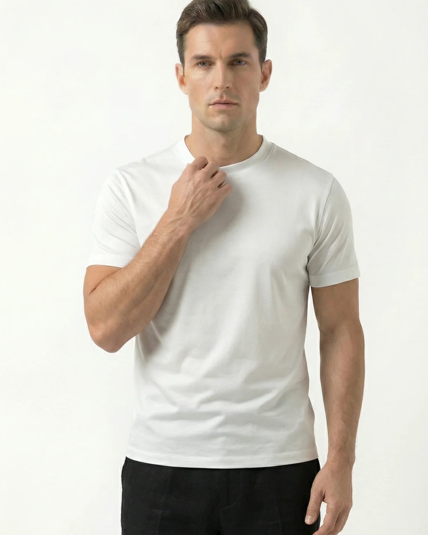 High-Count White Mercerized Cotton Round Neck Breathable T-Shirt