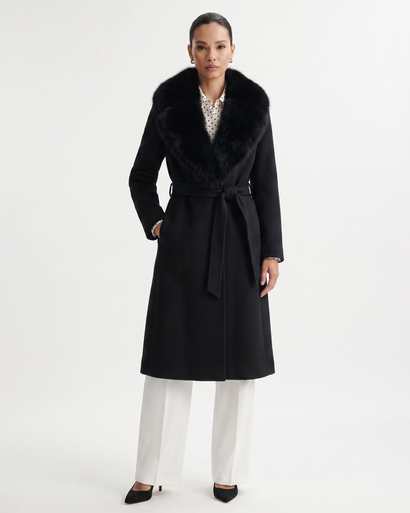 Nevada Wool Coat Real Fox Fur Collar Long Belted