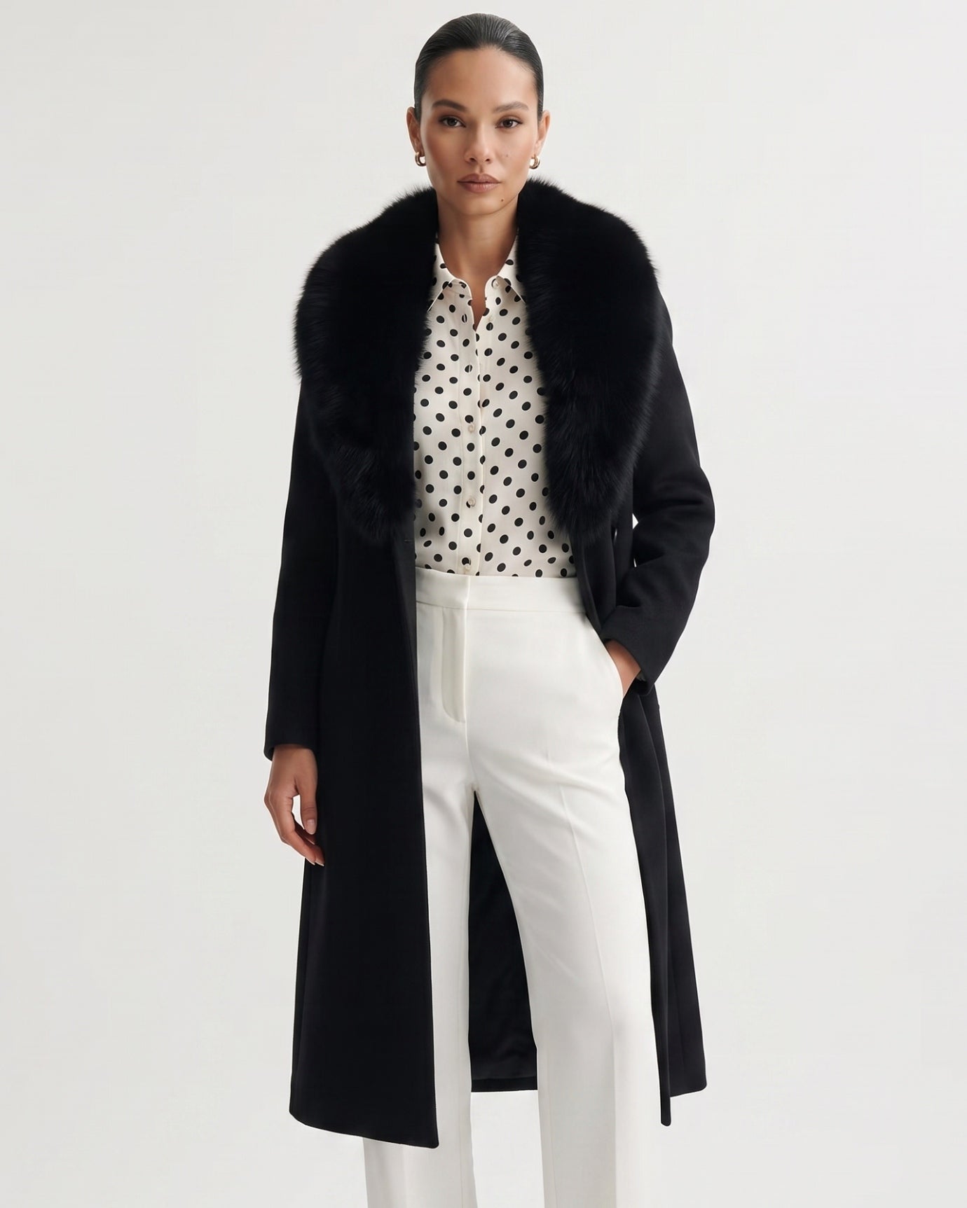 Nevada Wool Coat Real Fox Fur Collar Long Belted