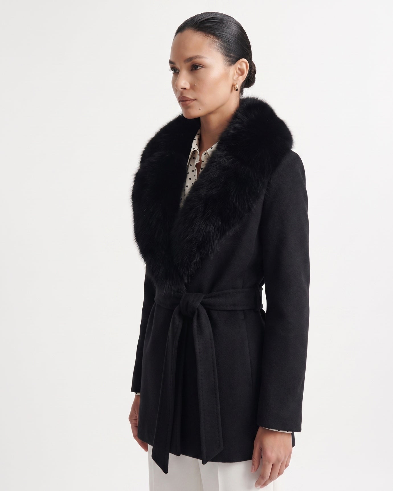 Nevada Wool Coat Real Fox Fur Collar Long Belted