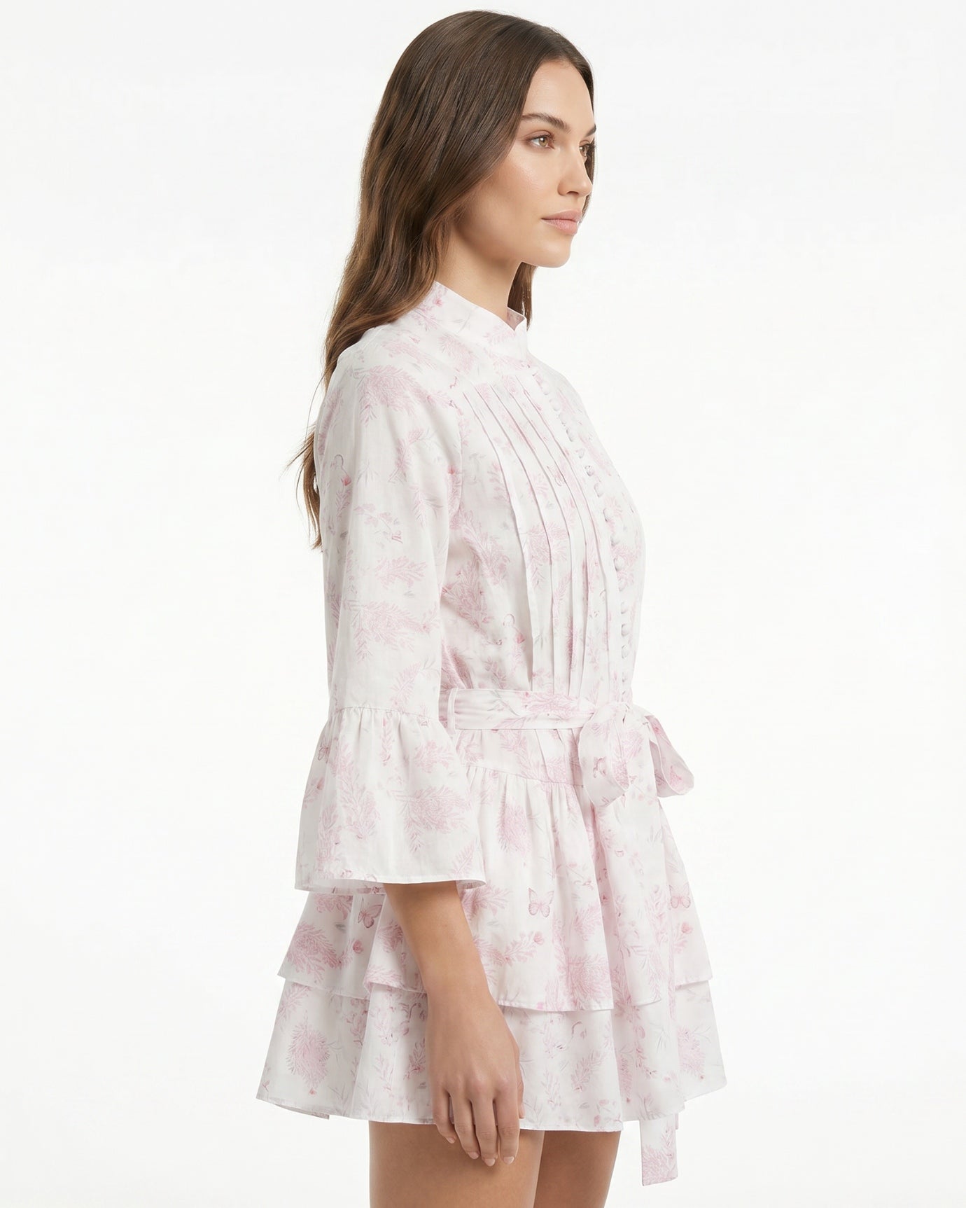 Pinkfarbenes Blumenmuster-Schnürkleid mit A-Linien-Rock