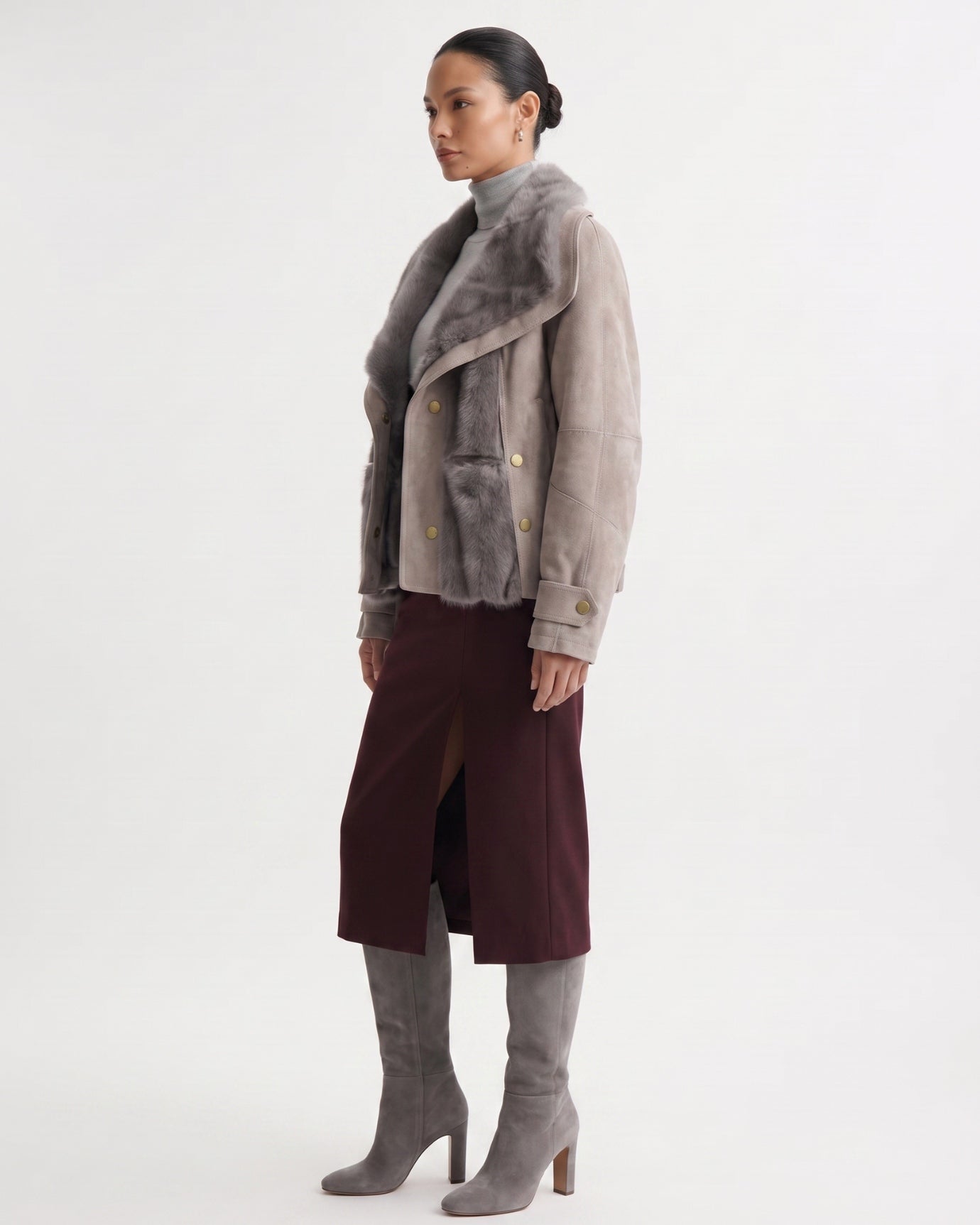 Goose Down Jacket Fur-Integrated Suede Short Coat