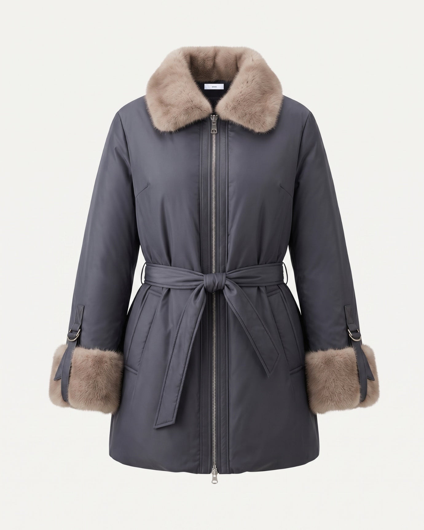 Kira Real Mink Fur Collar Coat Belted Thick Warm