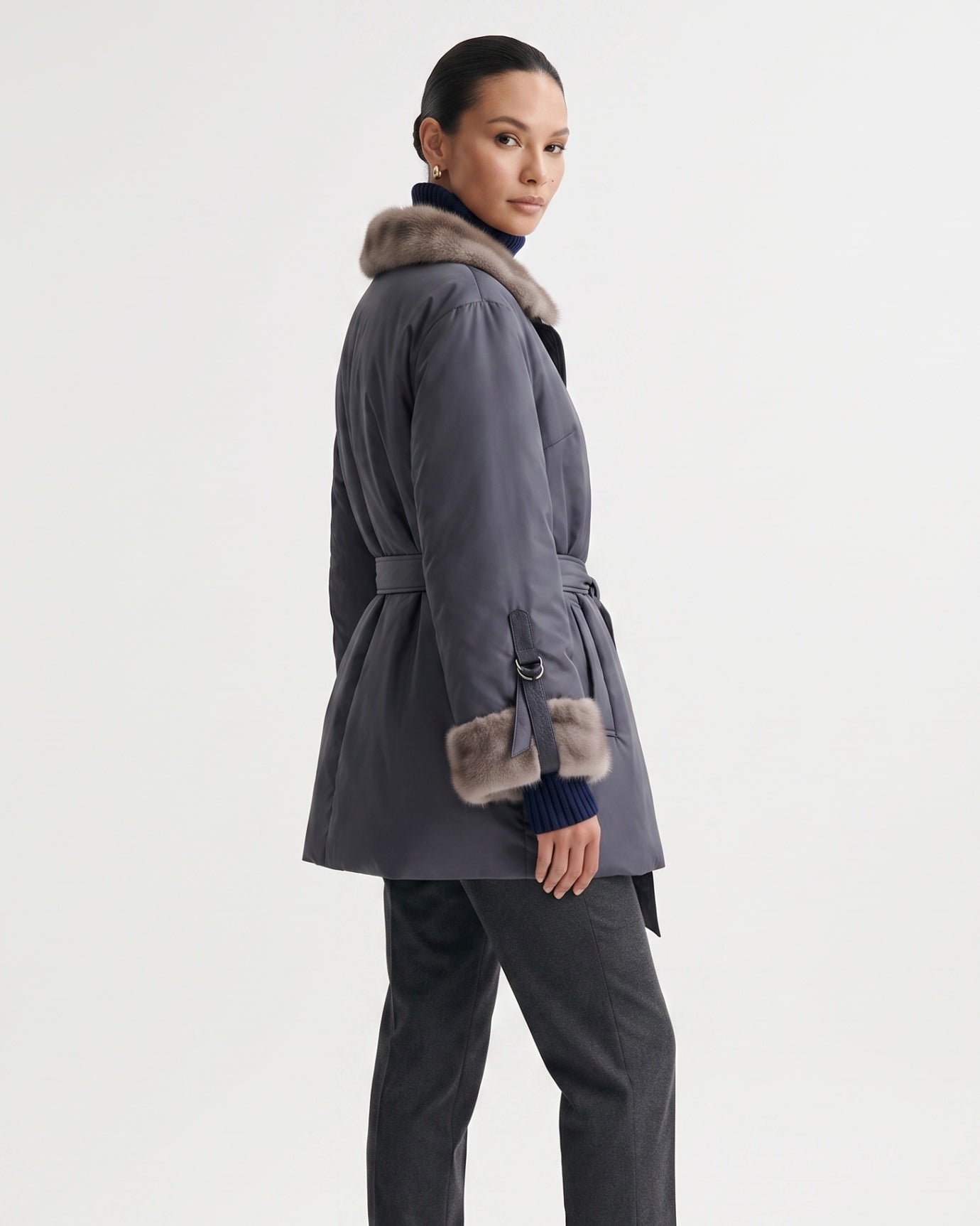 Kira Real Mink Fur Collar Coat Belted Thick Warm