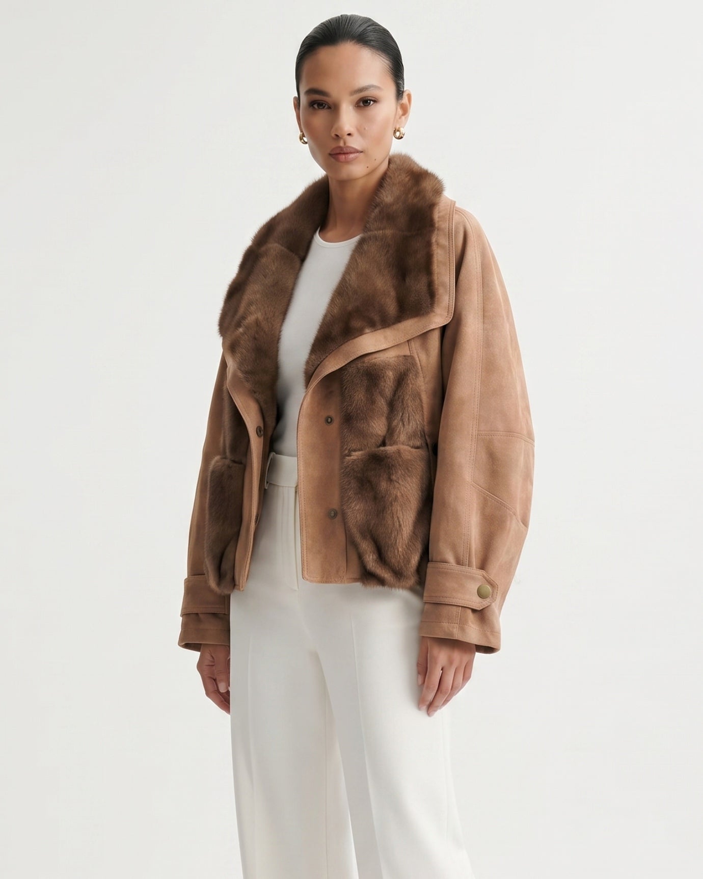 Goose Down Jacket Fur-Integrated Suede Short Coat