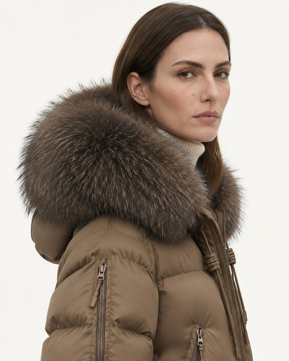 Hooded Down Puffer Coat with Real Raccoon Fur Collar