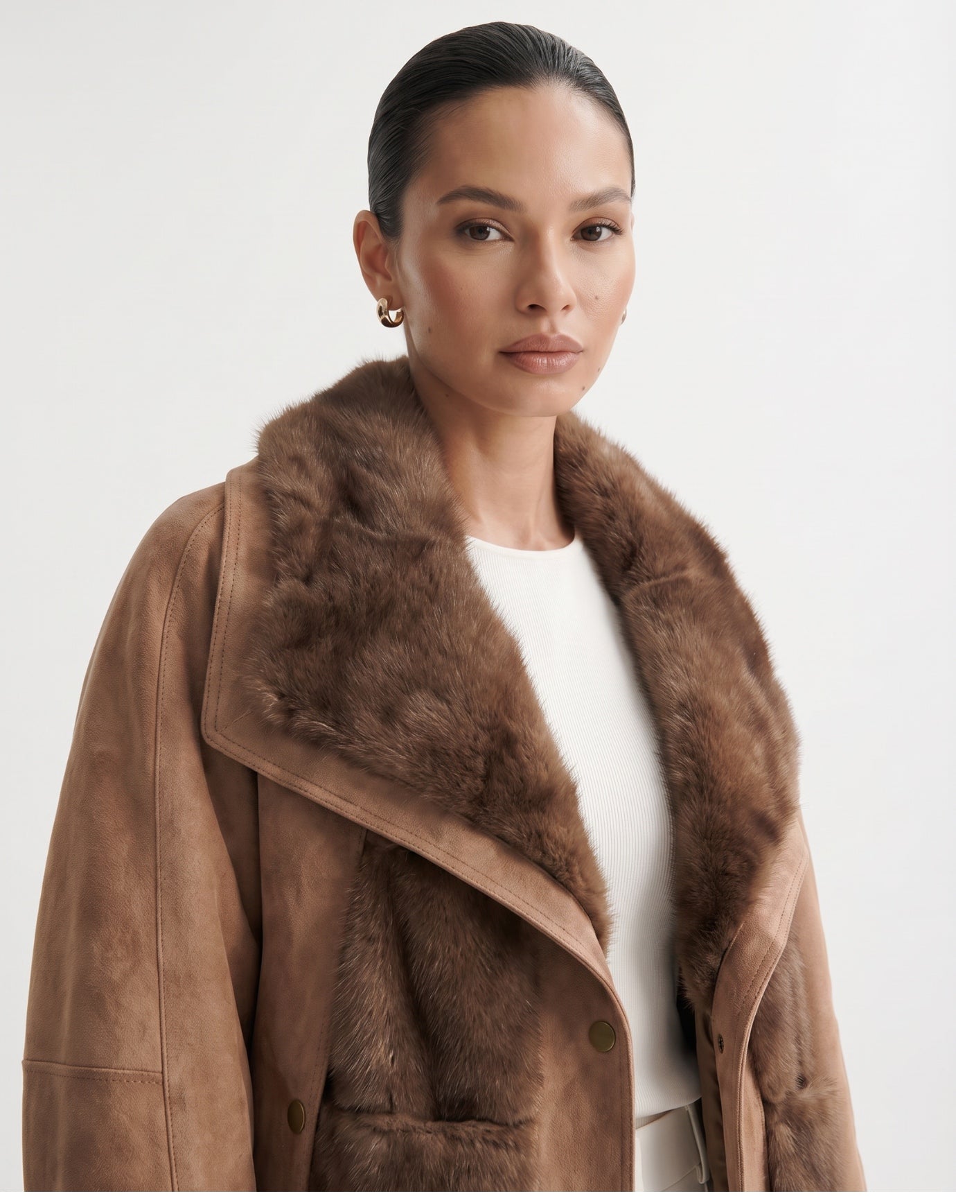 Goose Down Jacket Fur-Integrated Suede Short Coat