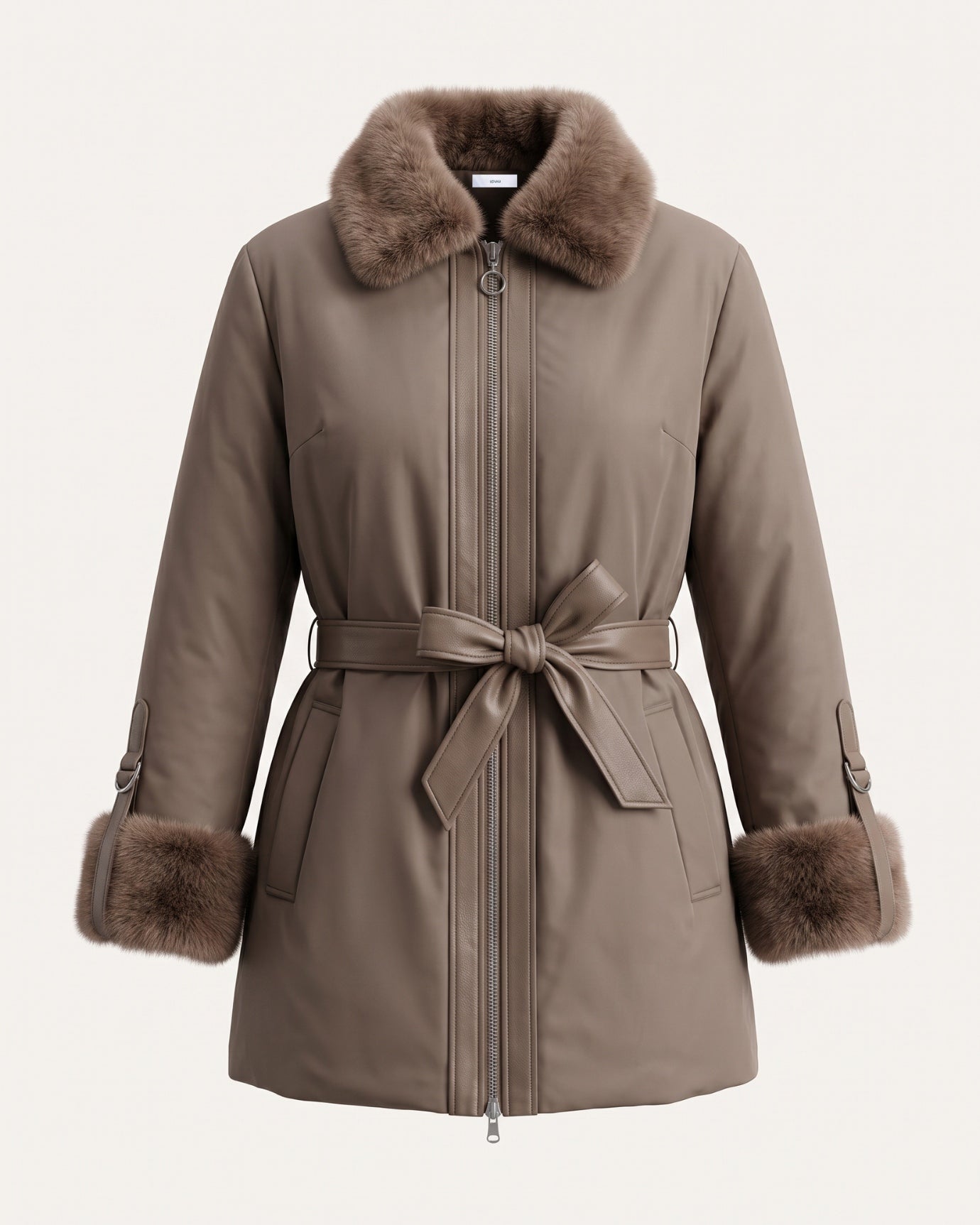 Kira Real Mink Fur Collar Coat Belted Thick Warm