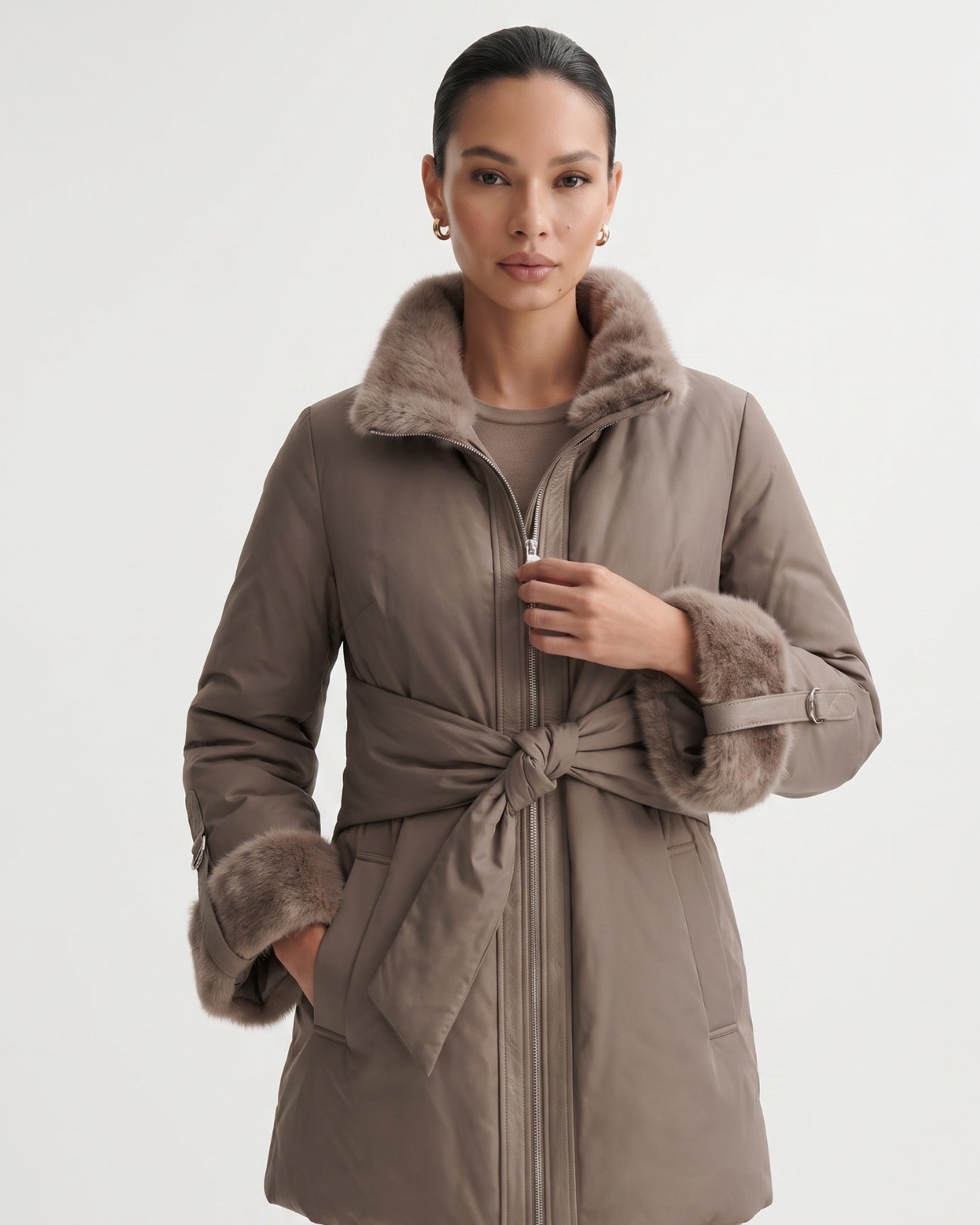 Kira Real Mink Fur Collar Coat Belted Thick Warm