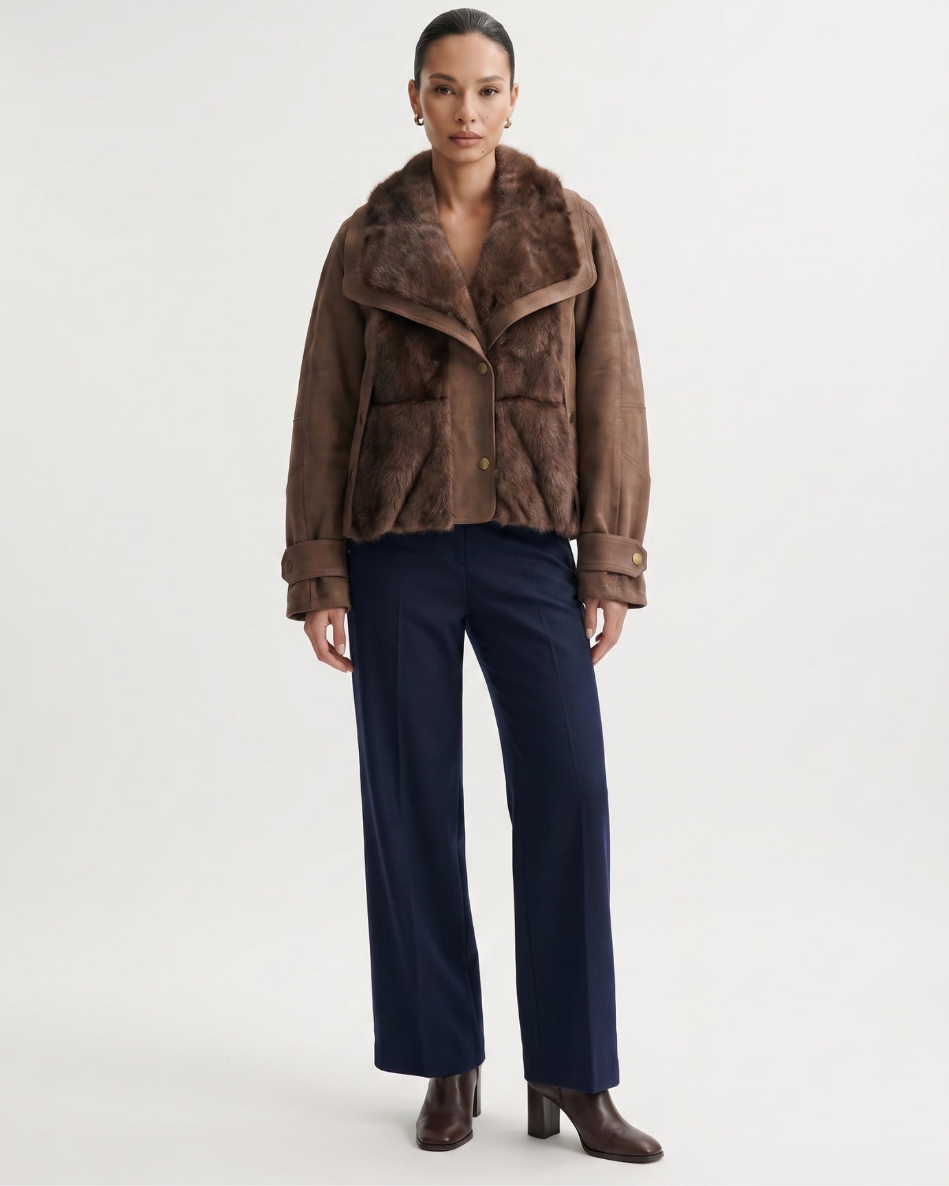 Goose Down Jacket Fur-Integrated Suede Short Coat