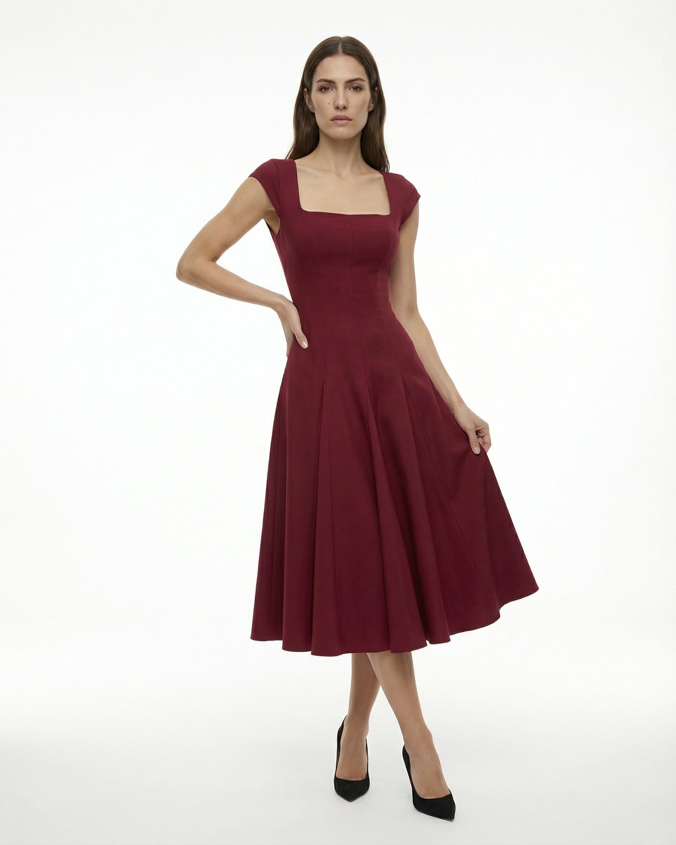 Olivia Classic Square Neck Waist-Tie Mid-Length Dress