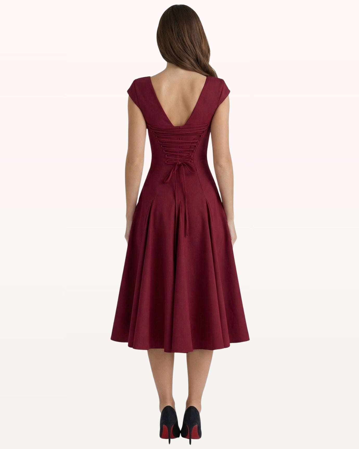 Olivia Klassisches, mittellanges Kleid mit eckigem Ausschnitt und Taillenband