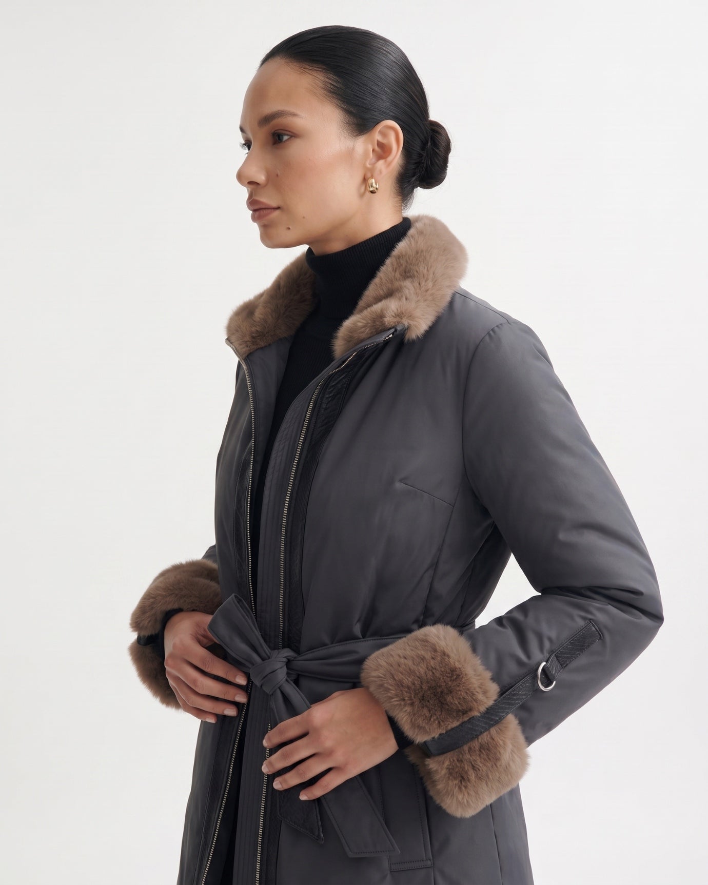 Kira Real Mink Fur Collar Coat Belted Thick Warm