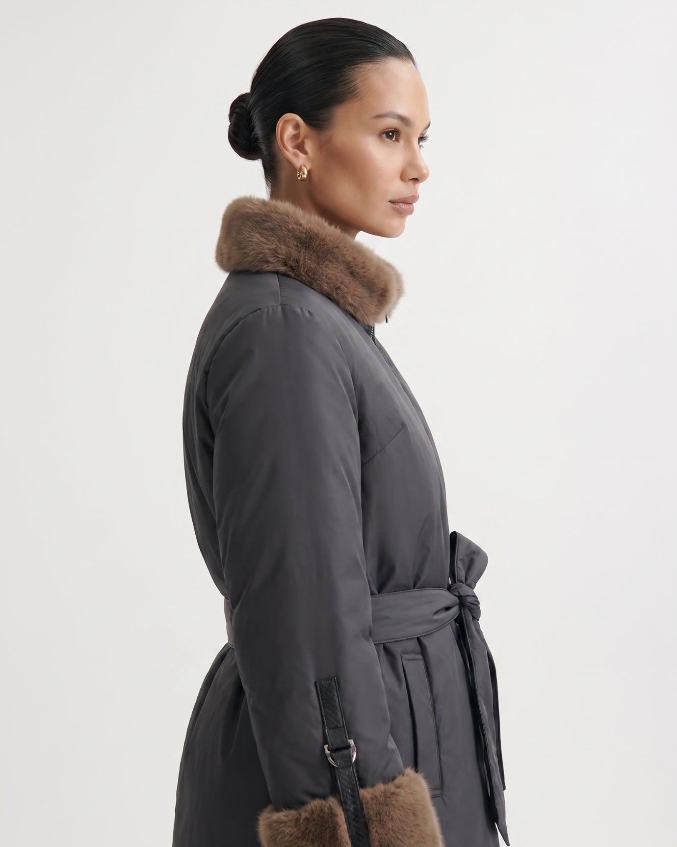 Kira Real Mink Fur Collar Coat Belted Thick Warm