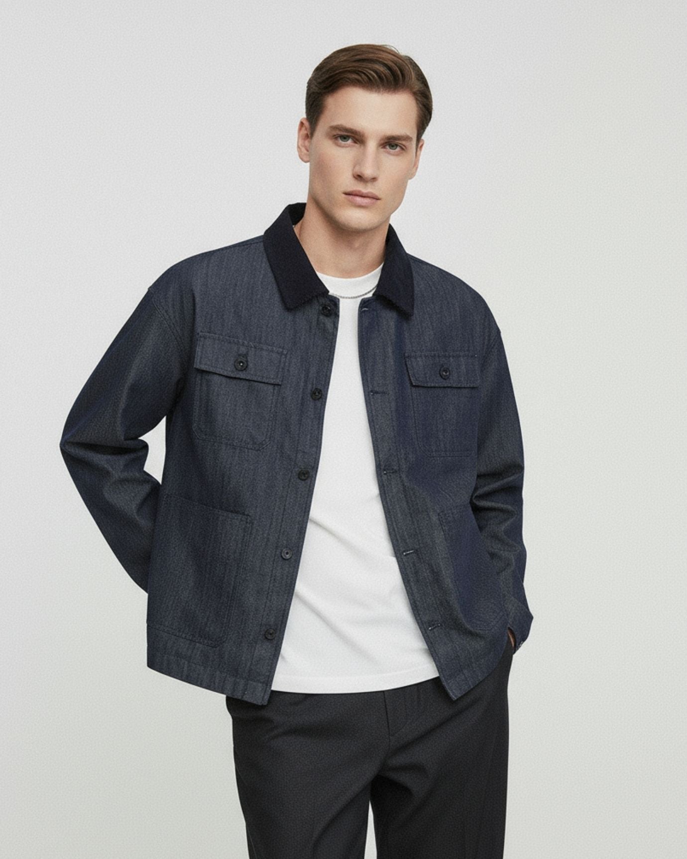 Man wearing a dark denim jacket over a white shirt on a light gray background