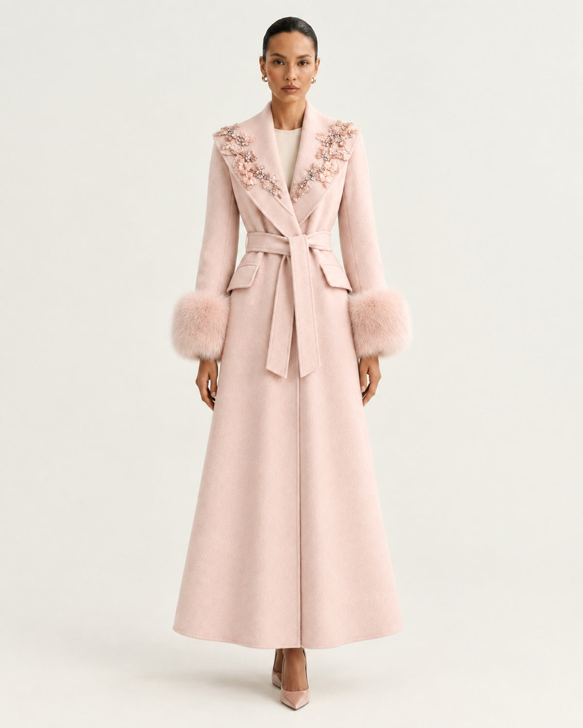 Hamptons Fox Fur Collar Embellished Wool Cashmere Coat