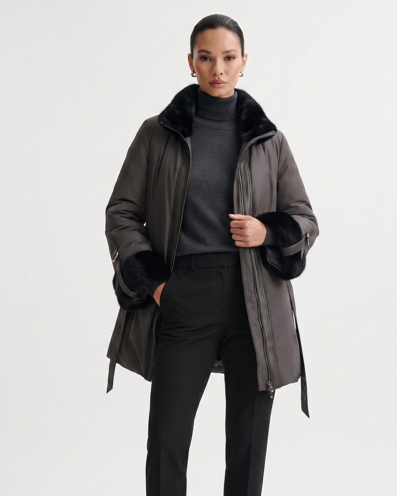 Kira Real Mink Fur Collar Coat Belted Thick Warm