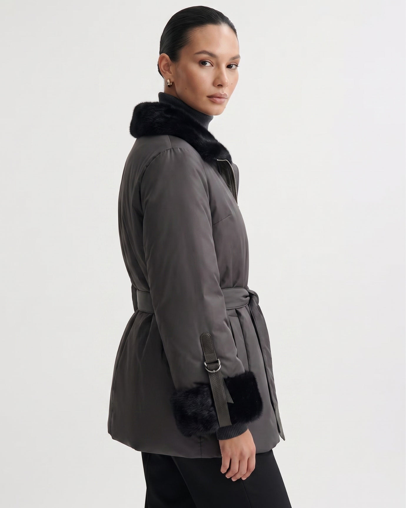 Kira Real Mink Fur Collar Coat Belted Thick Warm