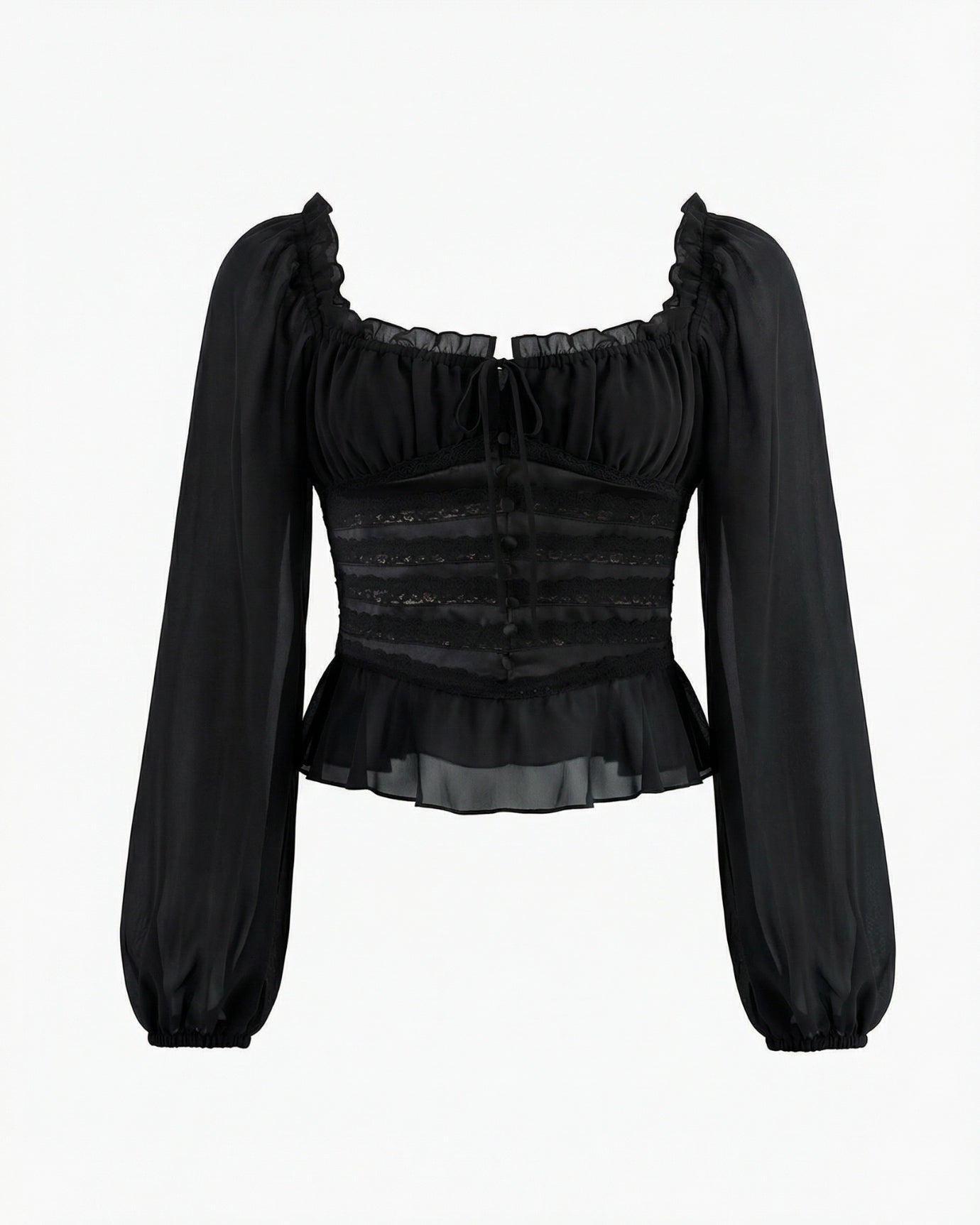 Black Long-Sleeve Ruffle Hem Fitted Top