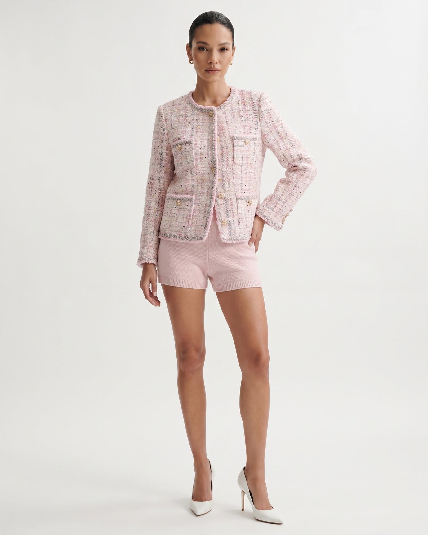 Rihanna Tweed Wool Pink Cardigan Jacket
