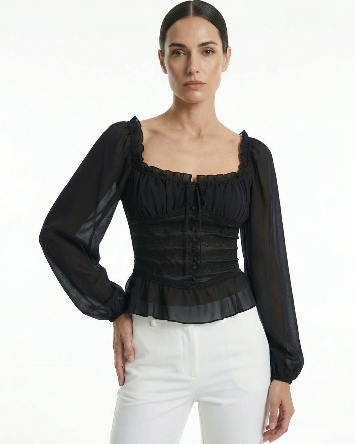 Black Long-Sleeve Ruffle Hem Fitted Top