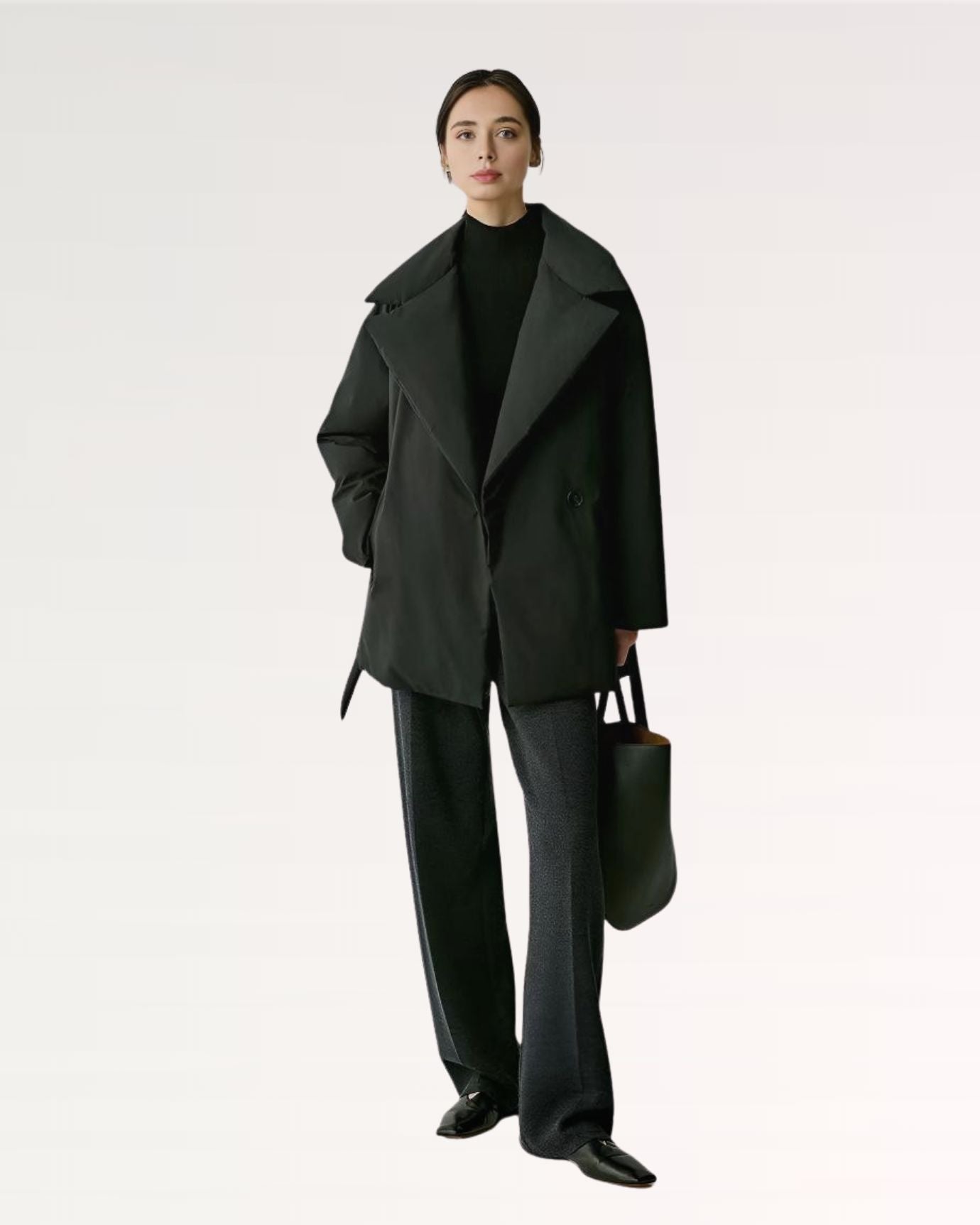 Front view of beige Dina jacket with wide lapels