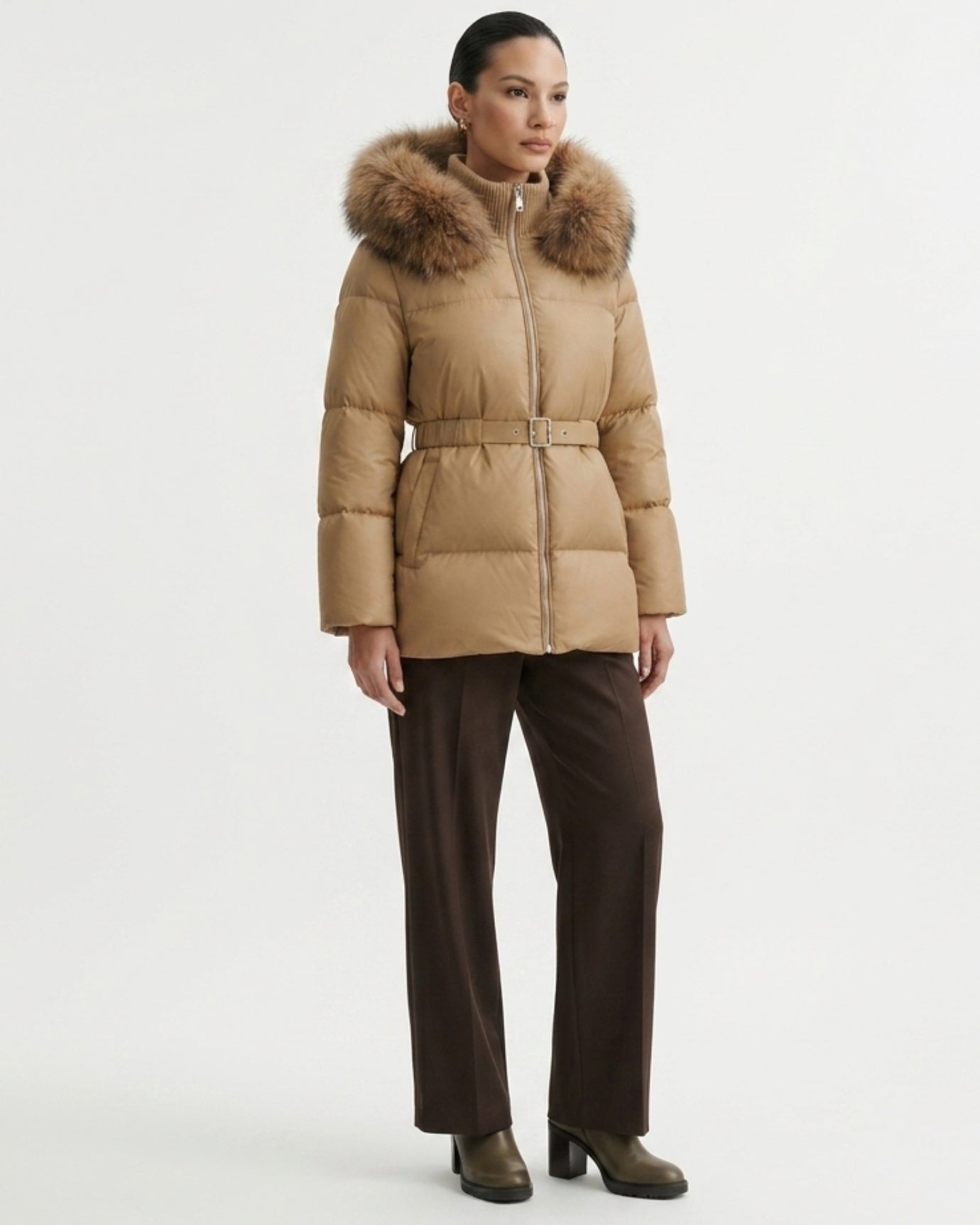 Goose Down Coat Raccoon Fur Hood Trim Warm Parka