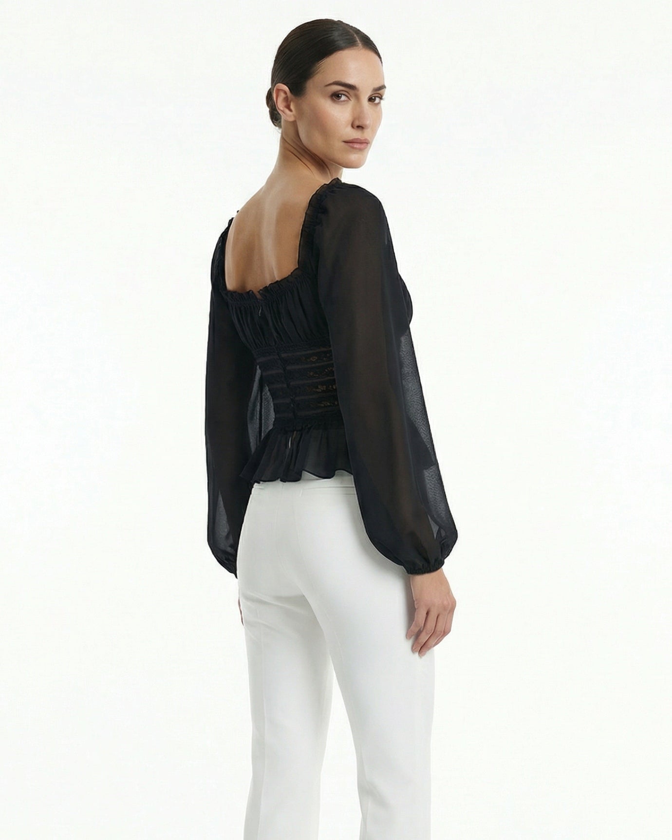 Black Long-Sleeve Ruffle Hem Fitted Top