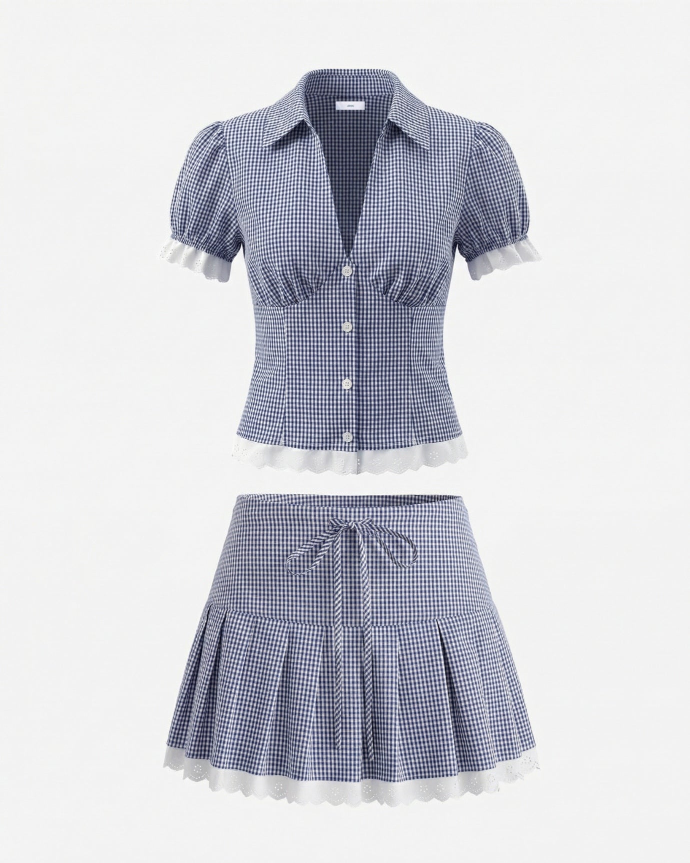 French Retro Blue Set Shirt & Skirt