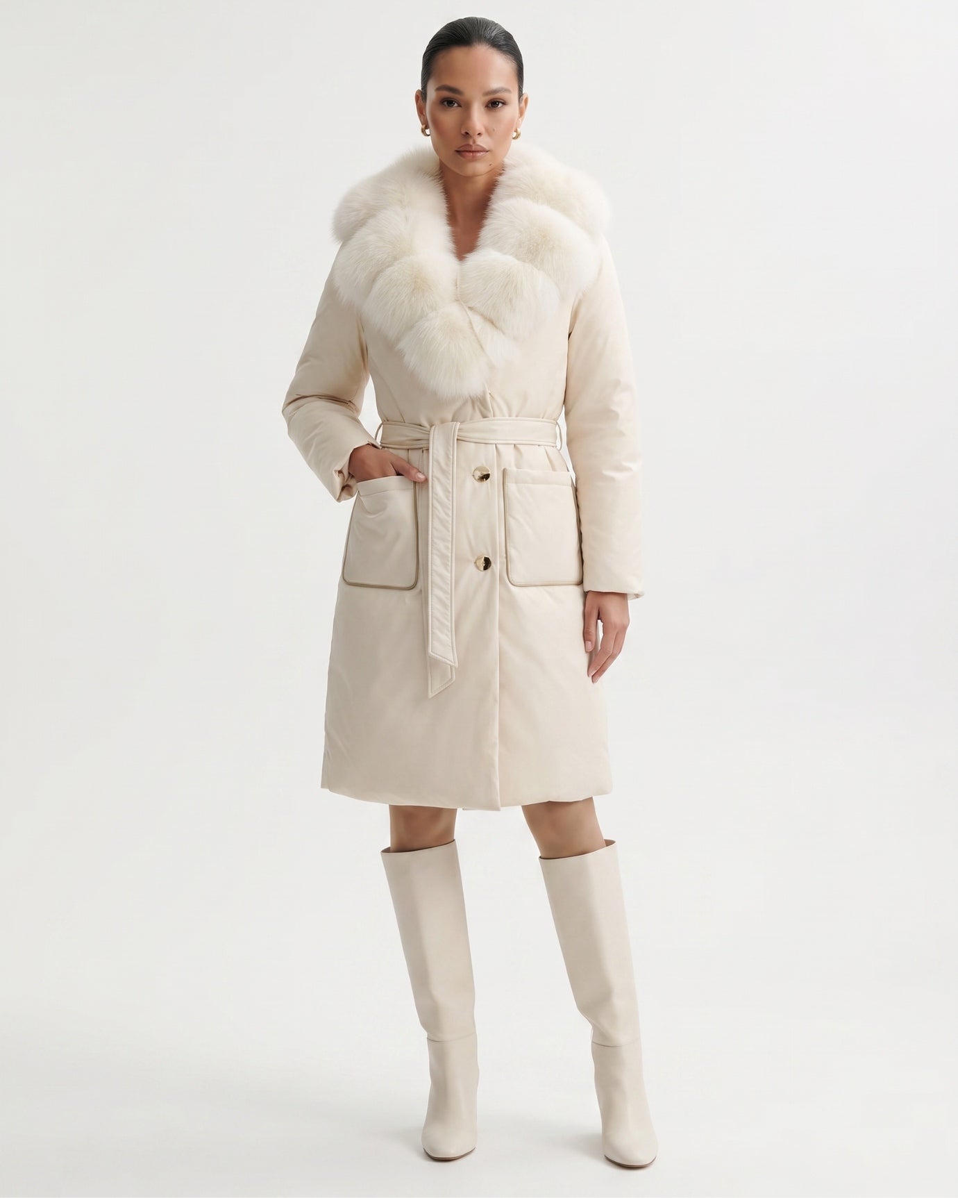 Long Down Jacket Fox Fur Collar Belted Thick Winter Coat