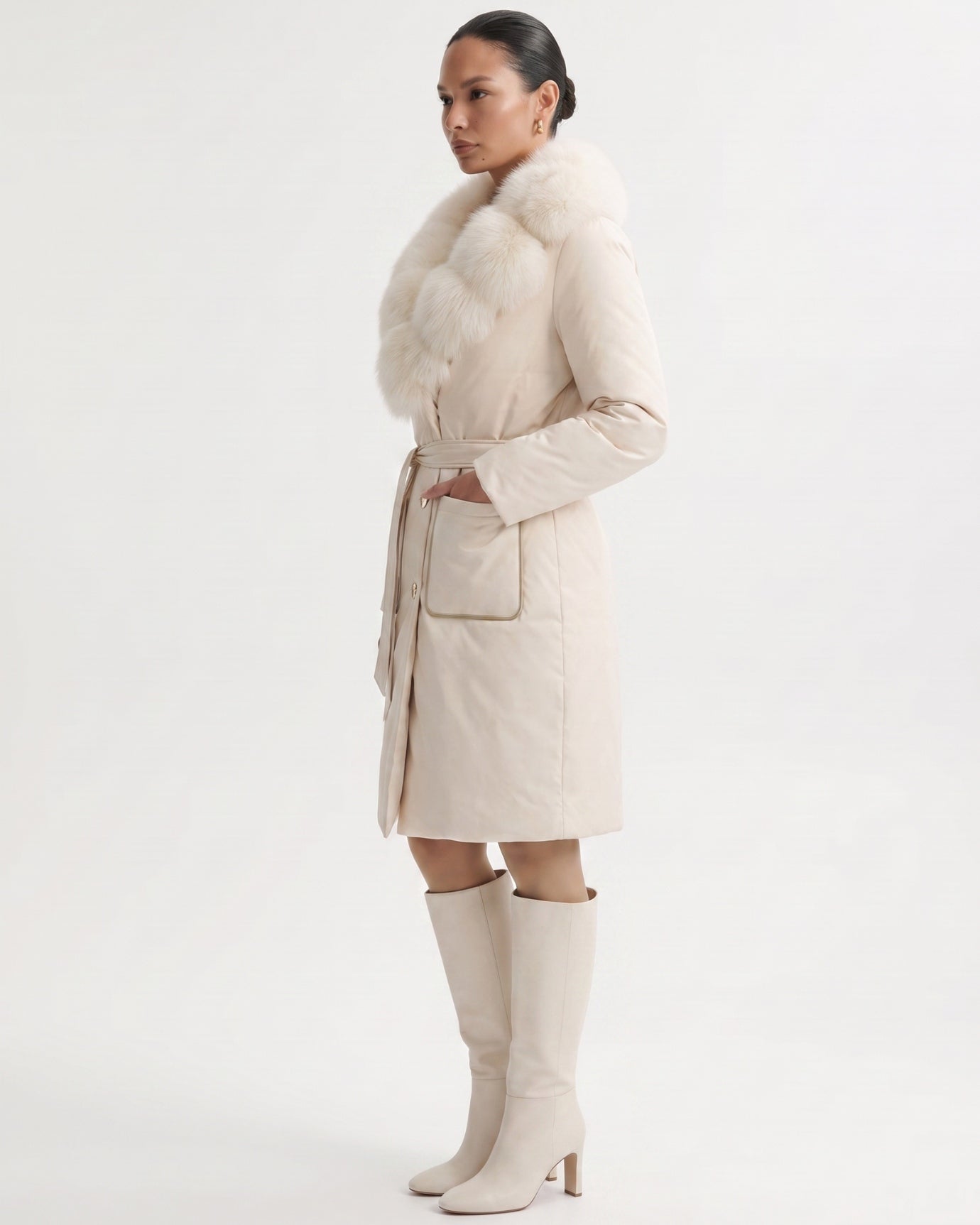 Long Down Jacket Fox Fur Collar Belted Thick Winter Coat