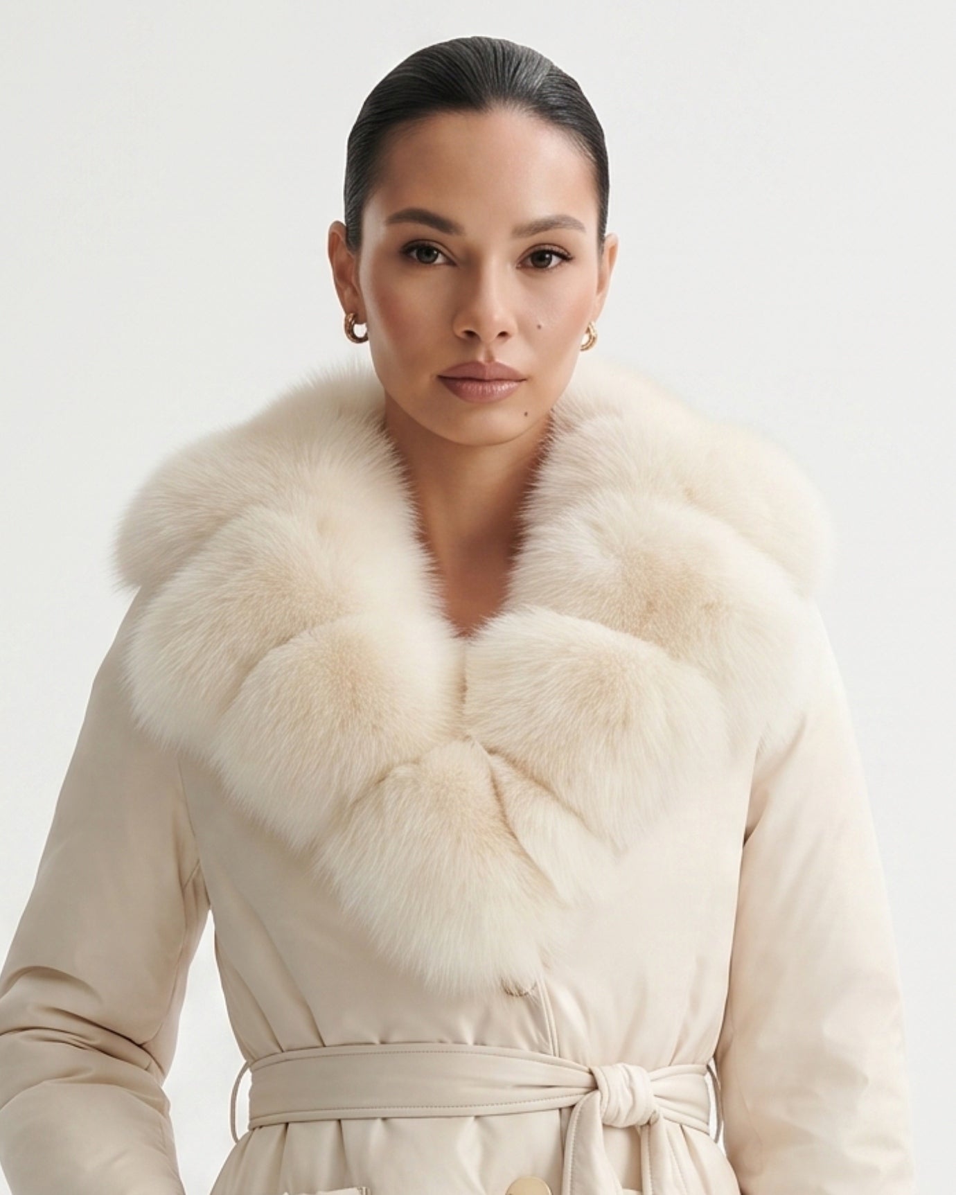 Long Down Jacket Fox Fur Collar Belted Thick Winter Coat