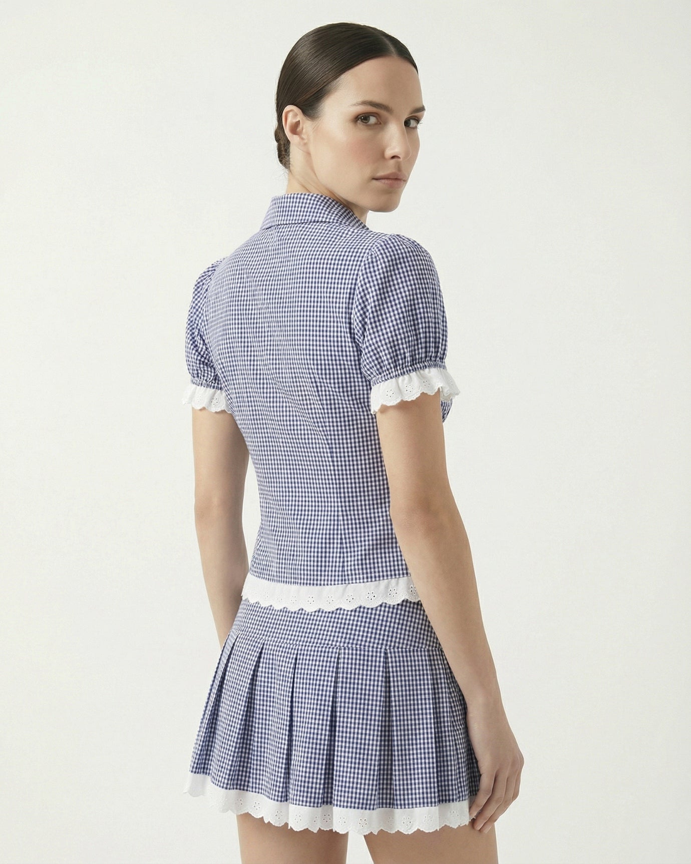French Retro Blue Set Shirt & Skirt