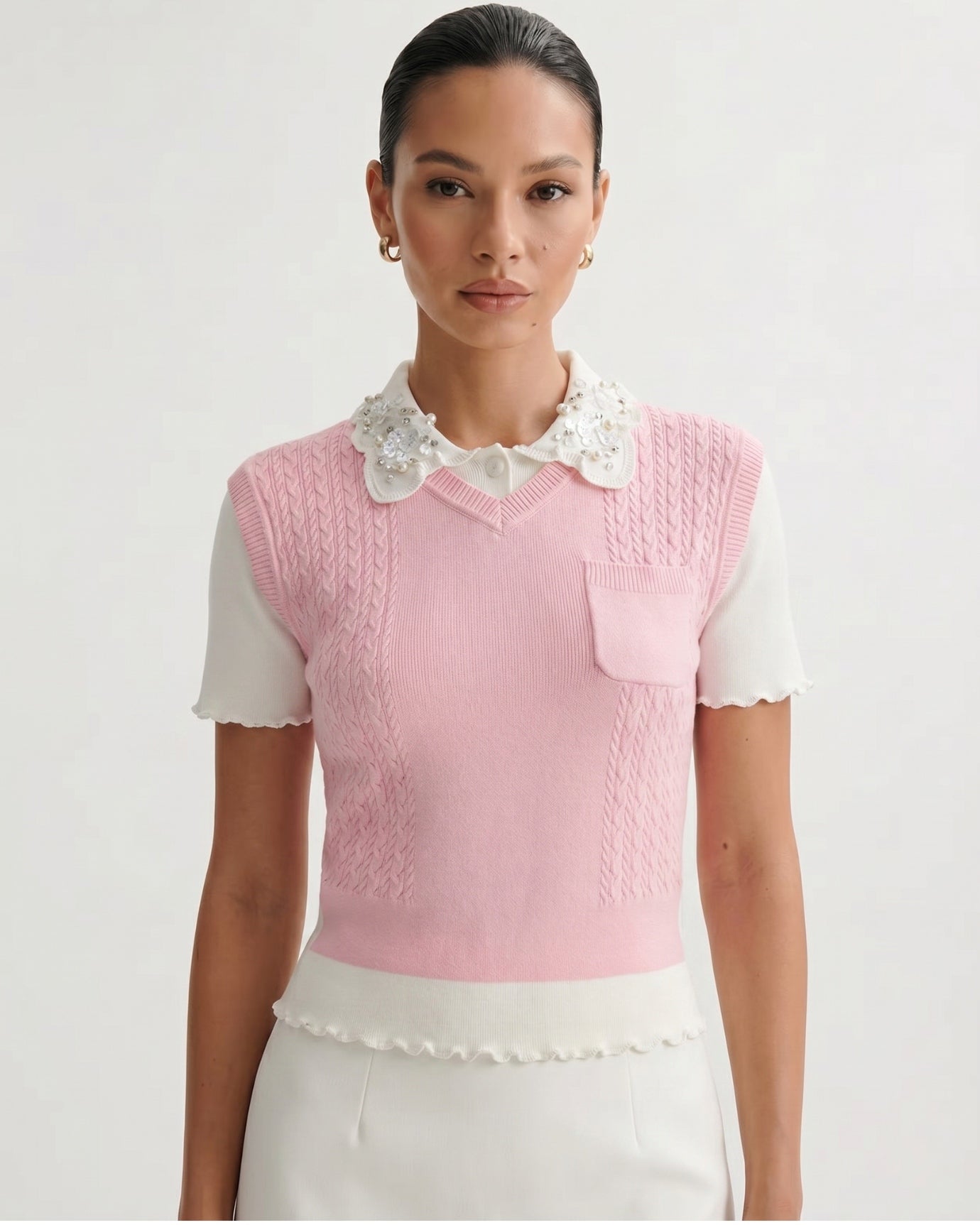Lace Polo Collar Slim Knitted Top