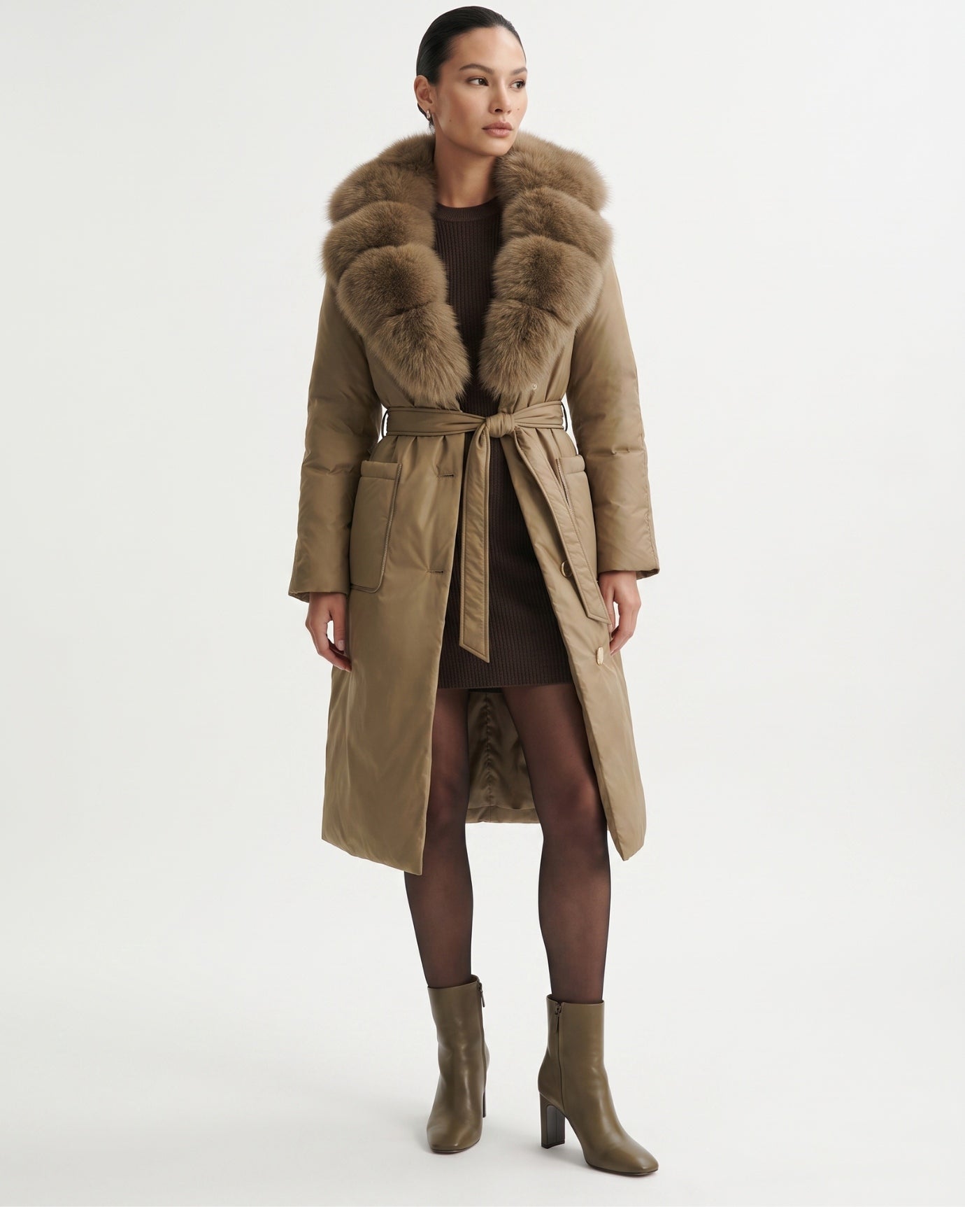 Long Down Jacket Fox Fur Collar Belted Thick Winter Coat