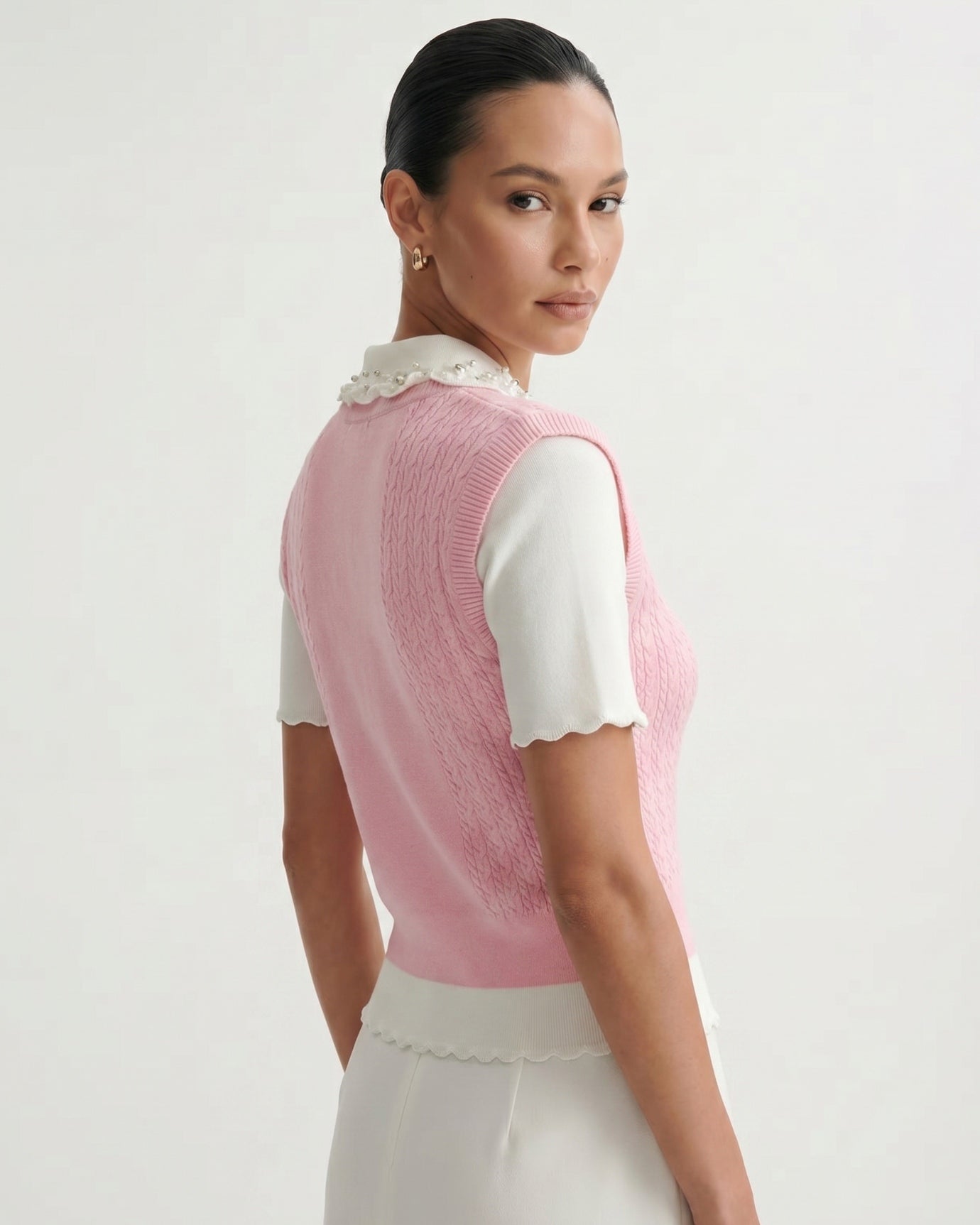 Lace Polo Collar Slim Knitted Top