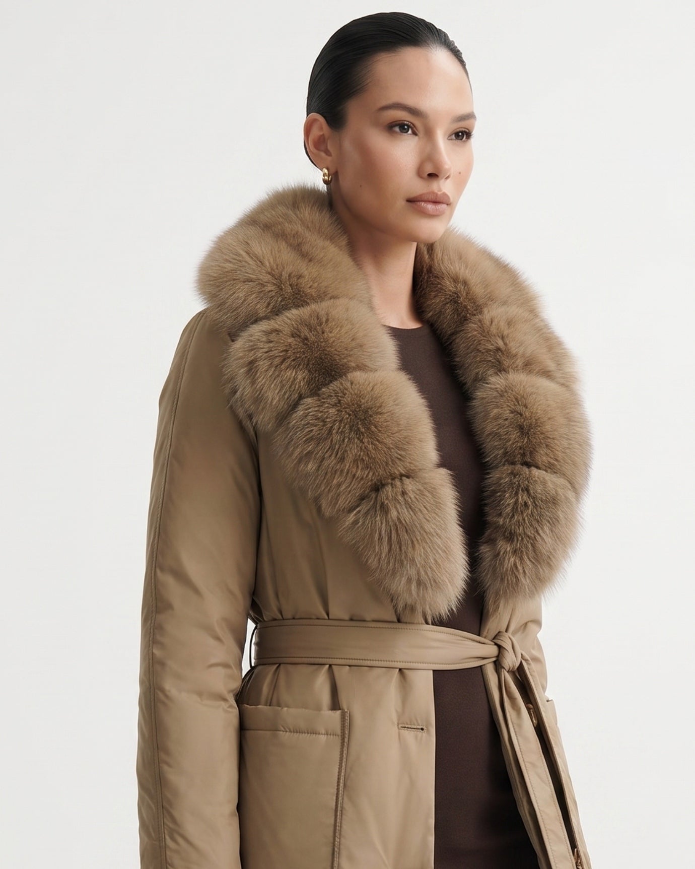 Long Down Jacket Fox Fur Collar Belted Thick Winter Coat