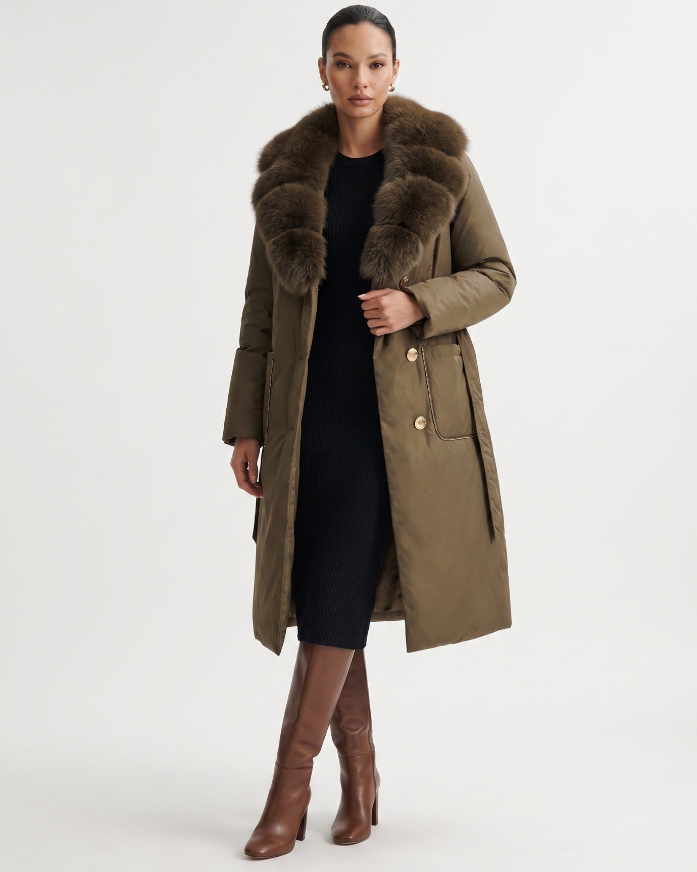 Long Down Jacket Fox Fur Collar Belted Thick Winter Coat