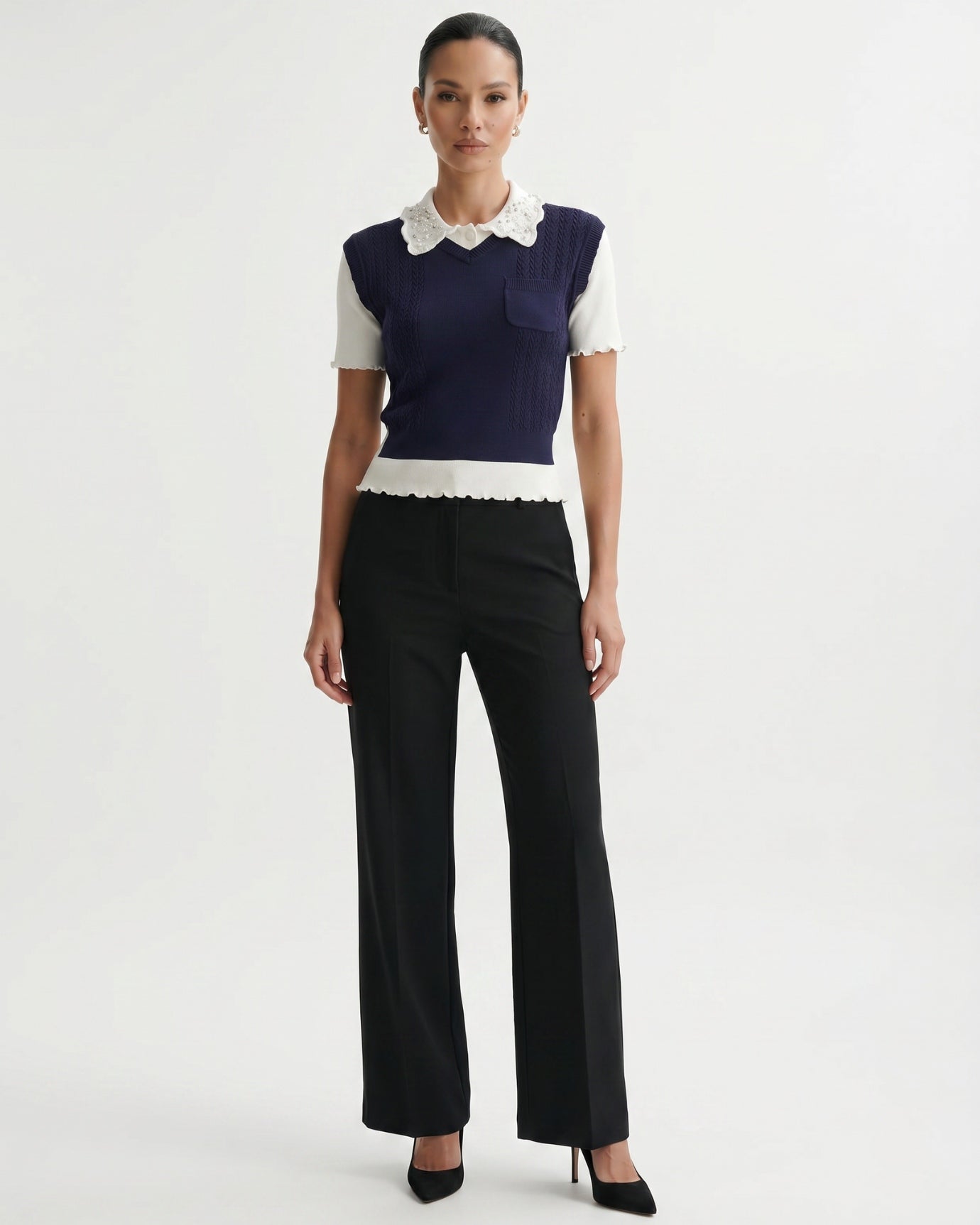 Lace Polo Collar Slim Knitted Top