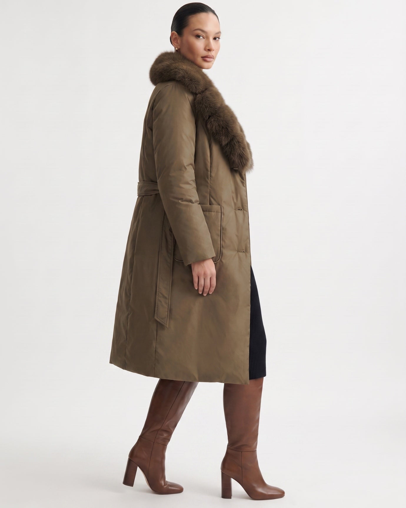 Long Down Jacket Fox Fur Collar Belted Thick Winter Coat