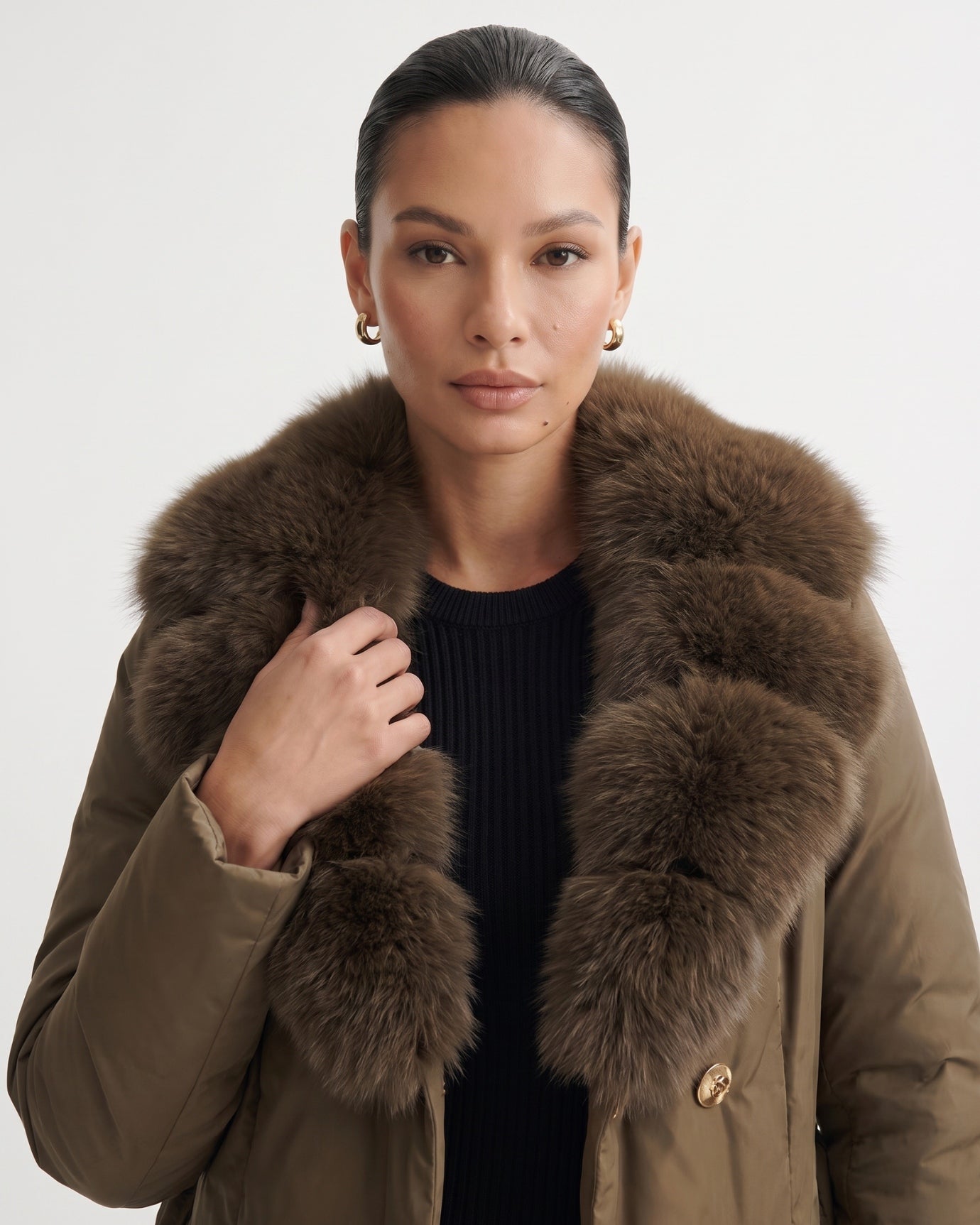 Long Down Jacket Fox Fur Collar Belted Thick Winter Coat