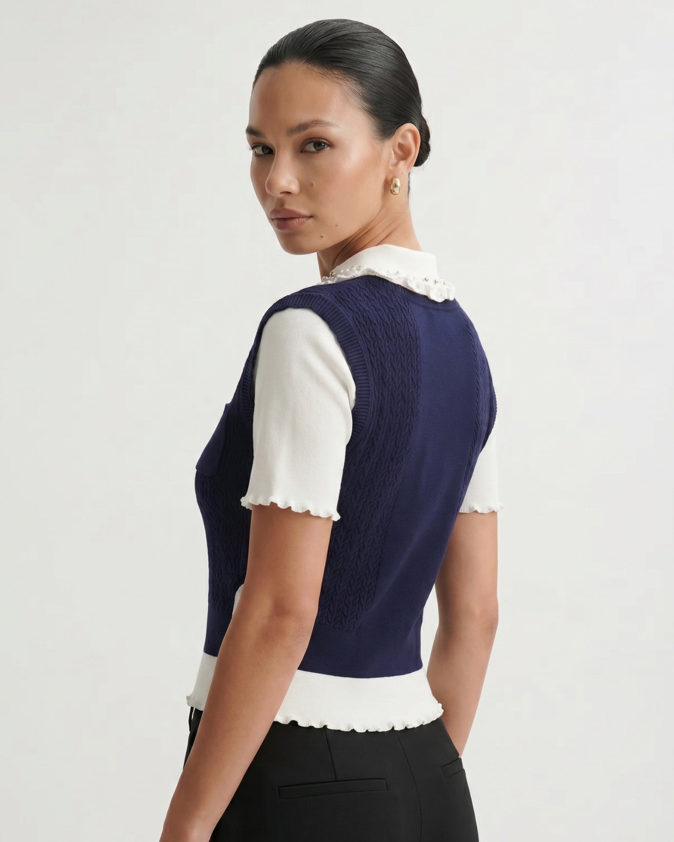 Lace Polo Collar Slim Knitted Top